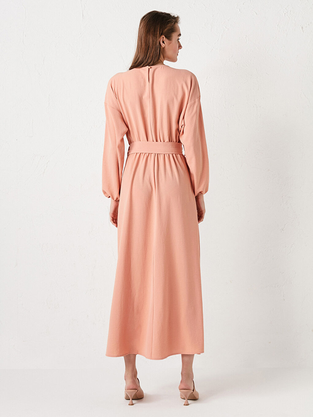 Pembe Bisiklet Yaka Beli Kuşaklı Uzun Kollu Kadın Elbise-4