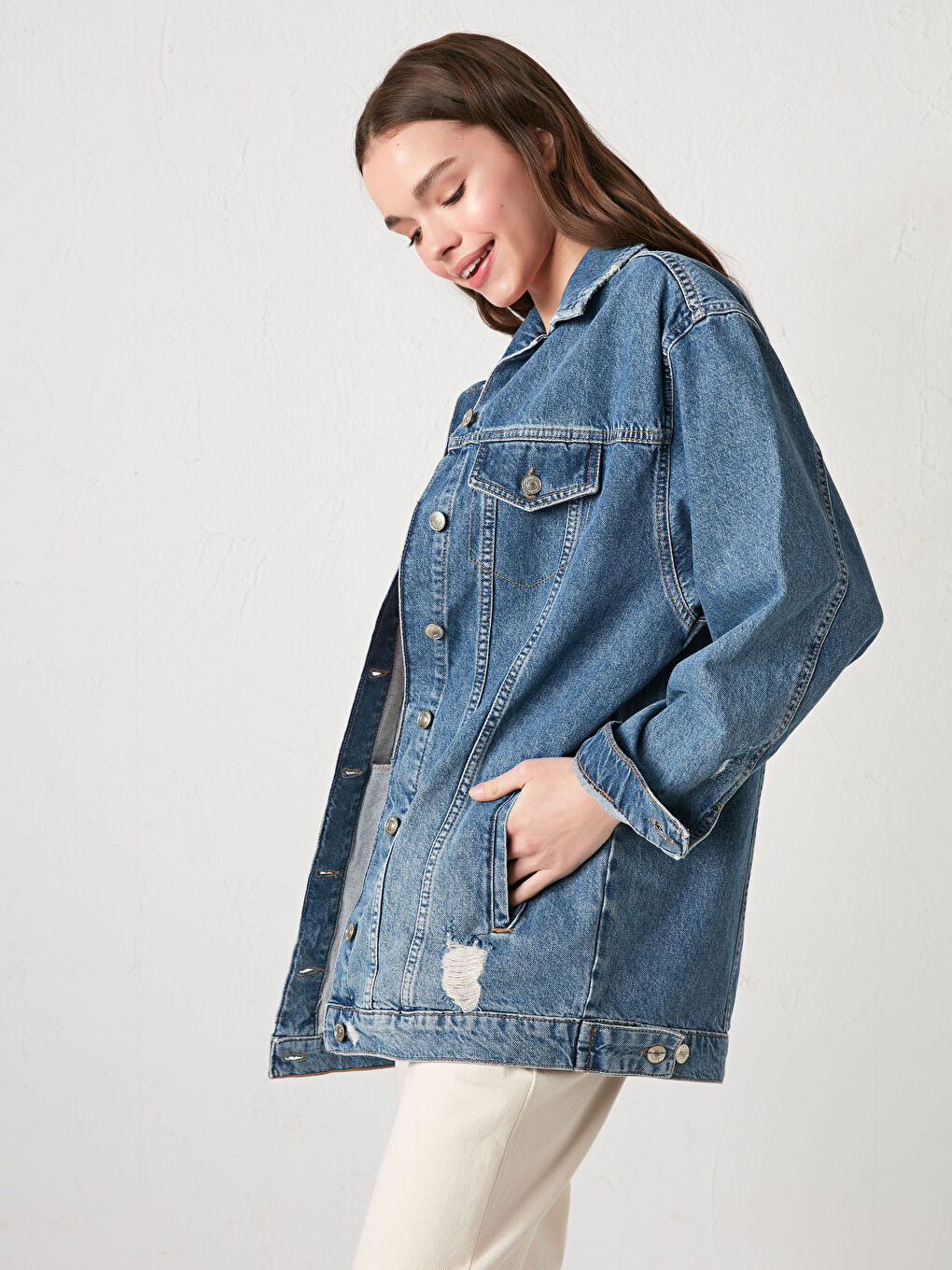 İndigo Cep Detaylı Uzun Kollu Pamuklu Kadın Rodeo Jean Ceket-1
