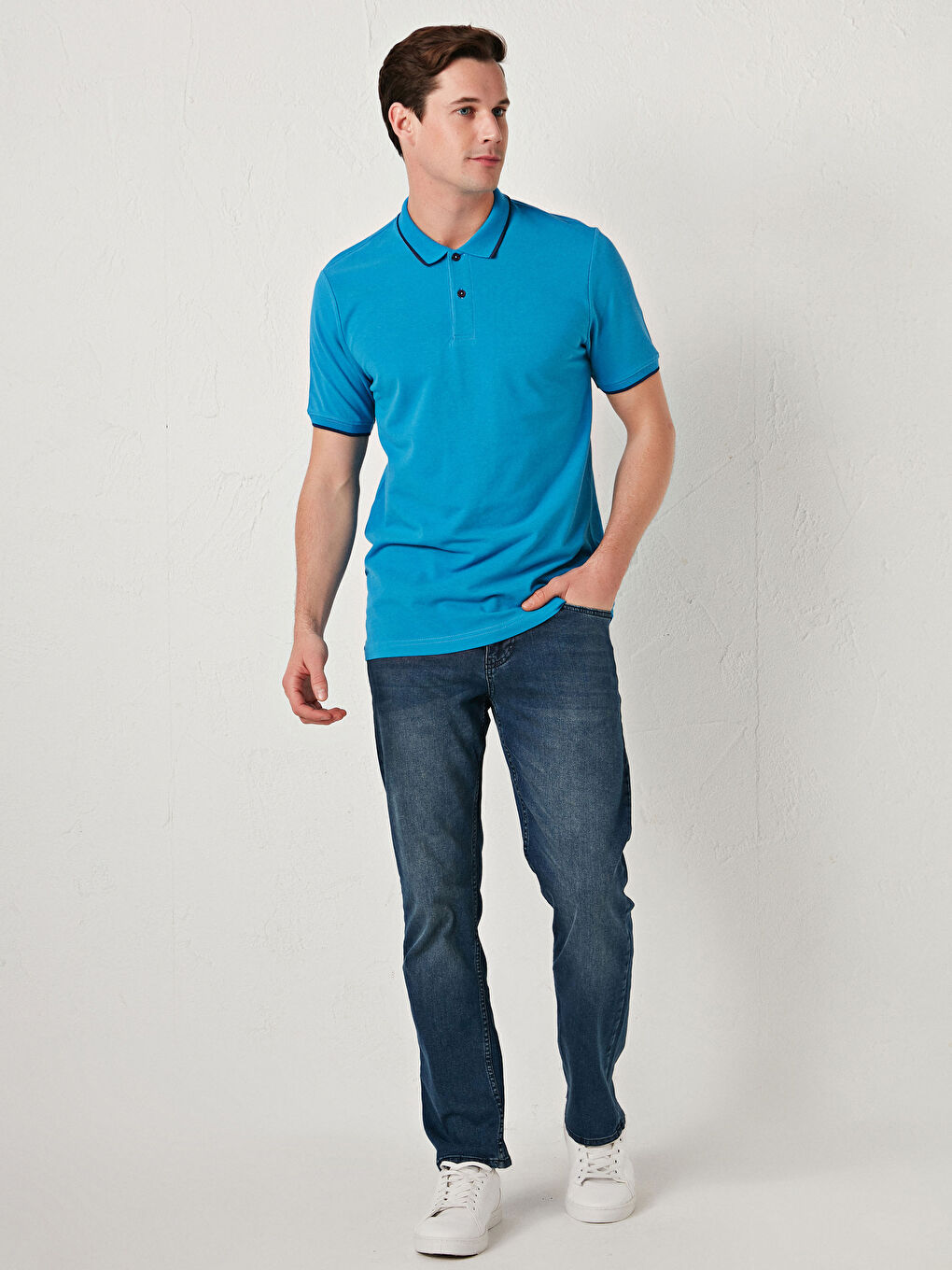 Mavi Polo Yaka Kısa Kollu Pike Erkek Tişört-2