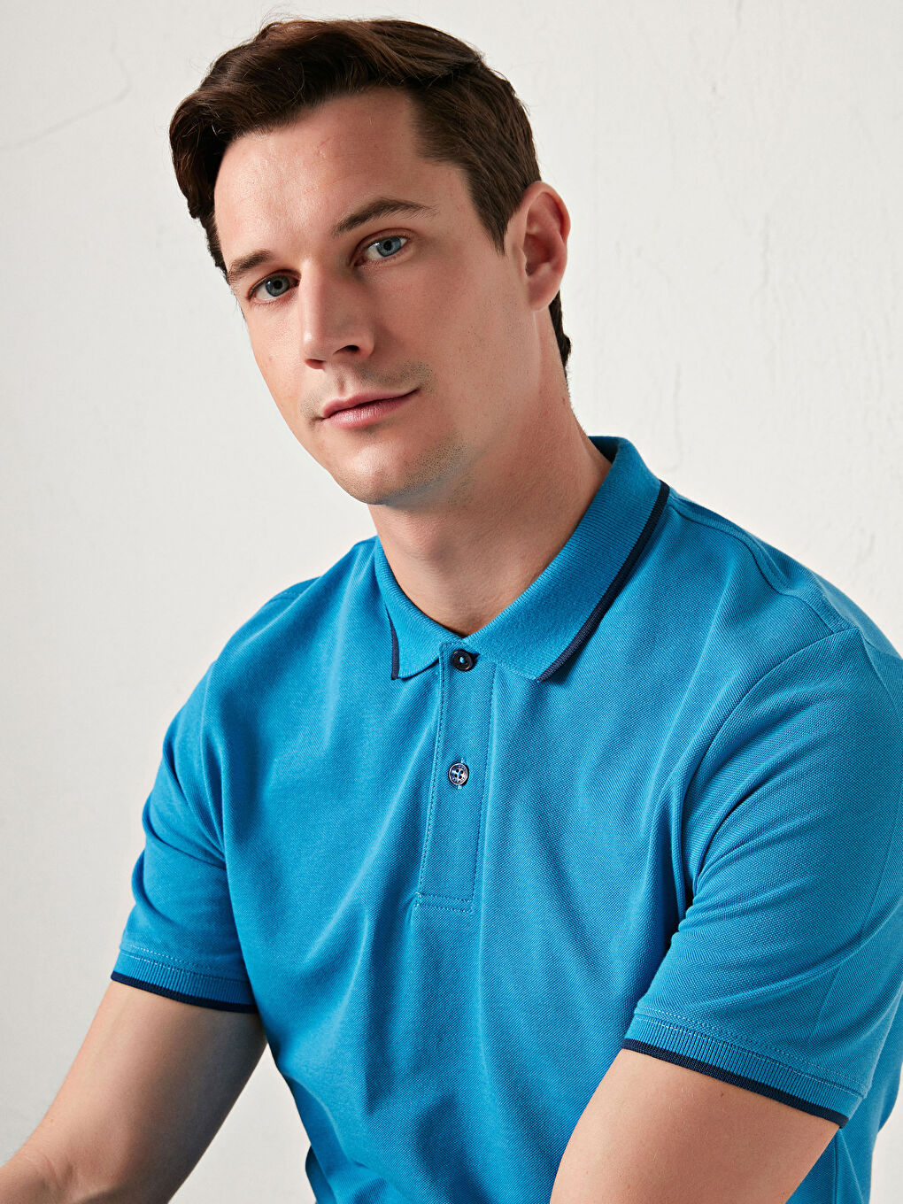 Mavi Polo Yaka Kısa Kollu Pike Erkek Tişört-3