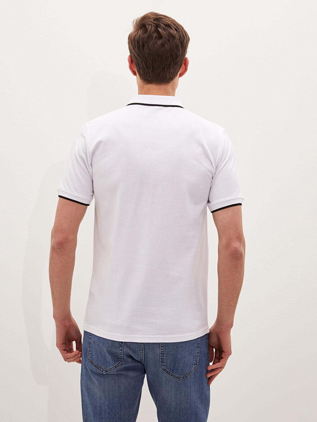 Beyaz Polo Yaka Kısa Kollu Pike Erkek Tişört-2