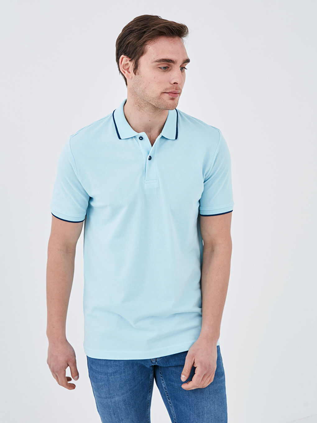 Mavi Polo Yaka Kısa Kollu Pike Erkek Tişört-1