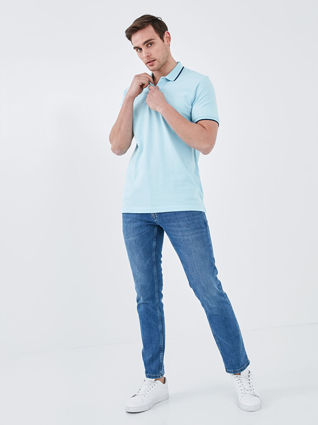 Mavi Polo Yaka Kısa Kollu Pike Erkek Tişört-3