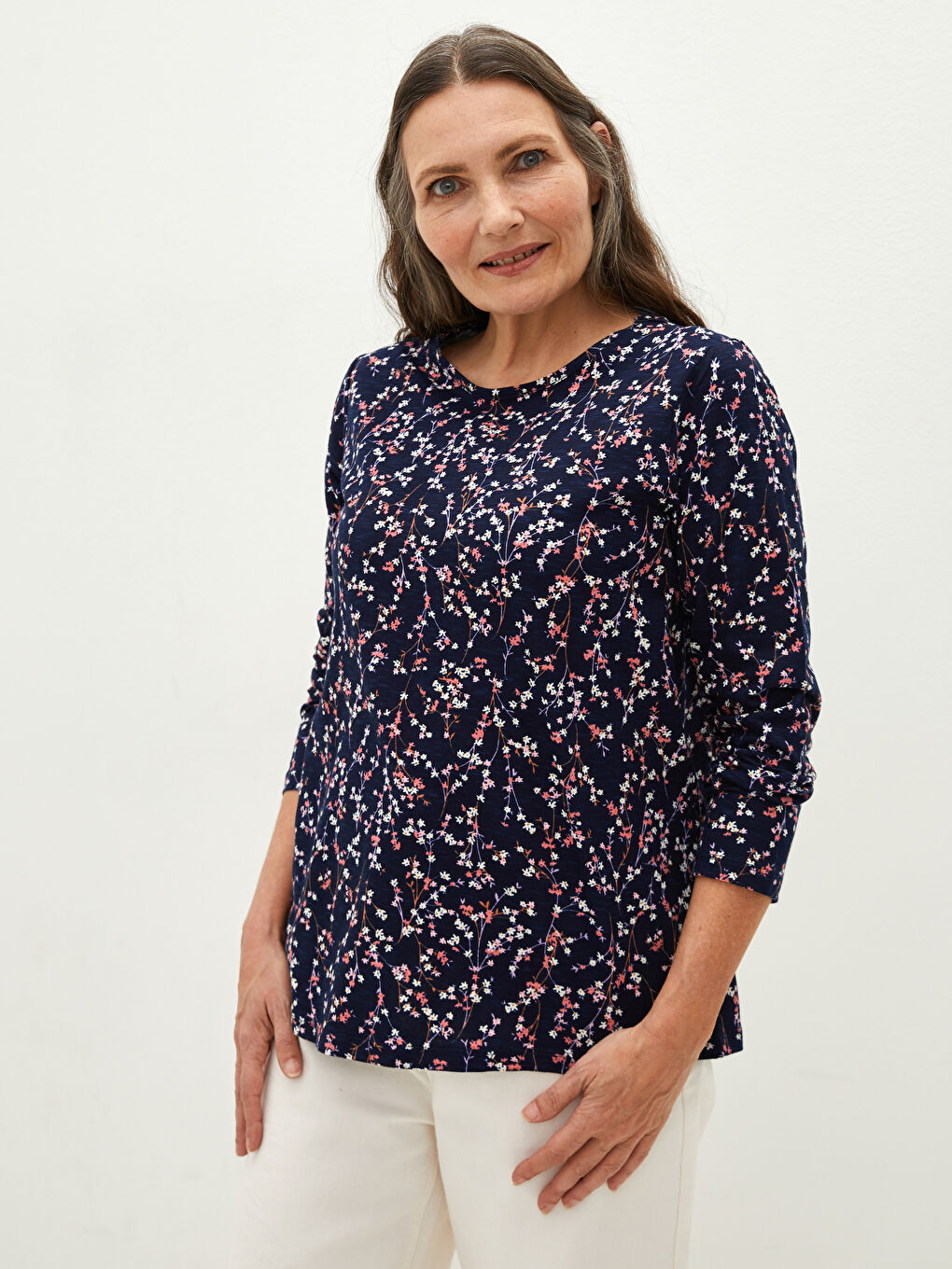 Crew Neck Floral Print Long Sleeve Women's T-Shirt -S1CP11Z8-F9C