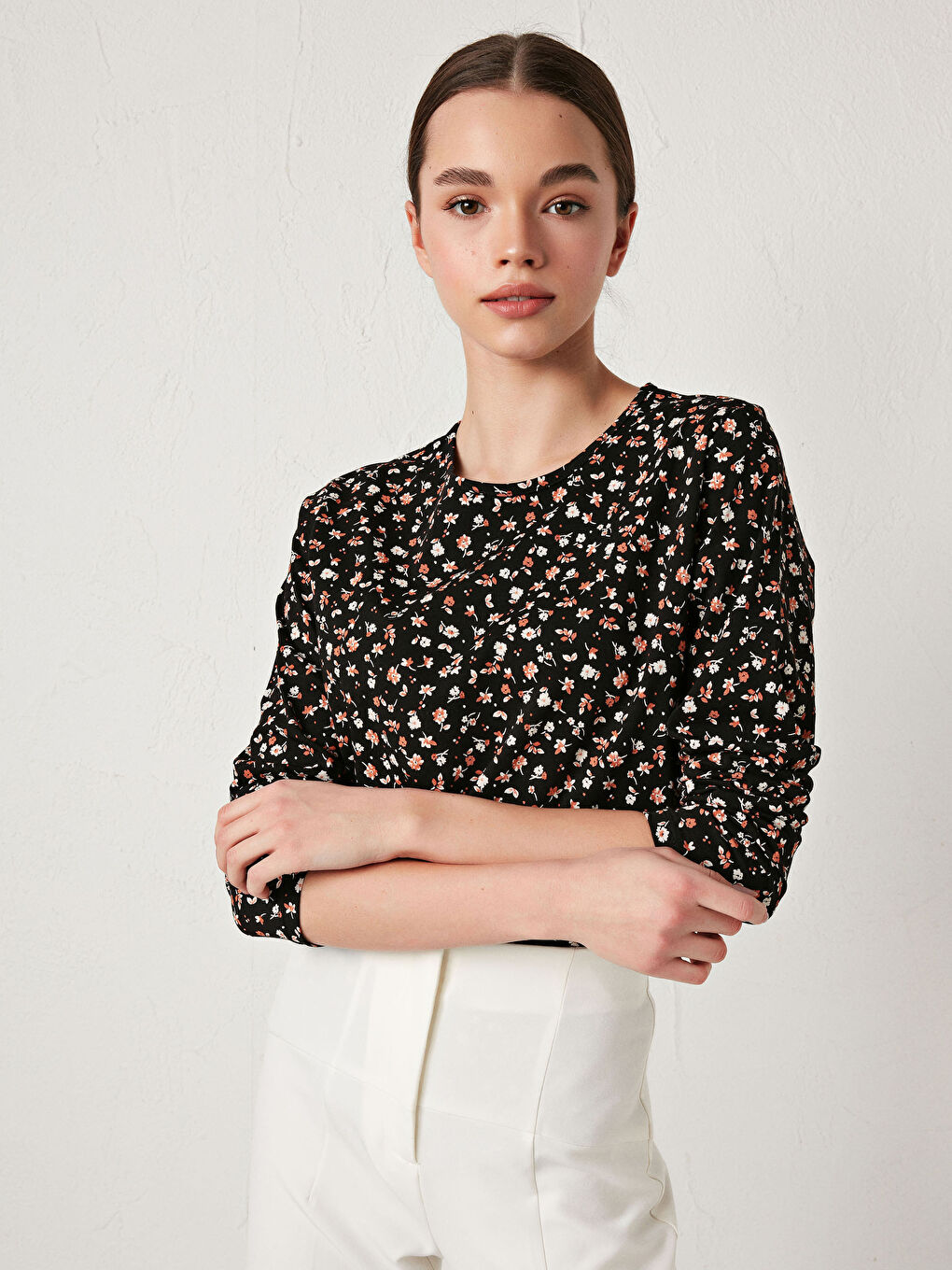 Crew Neck Floral Print Long Sleeve Women's T-Shirt-5