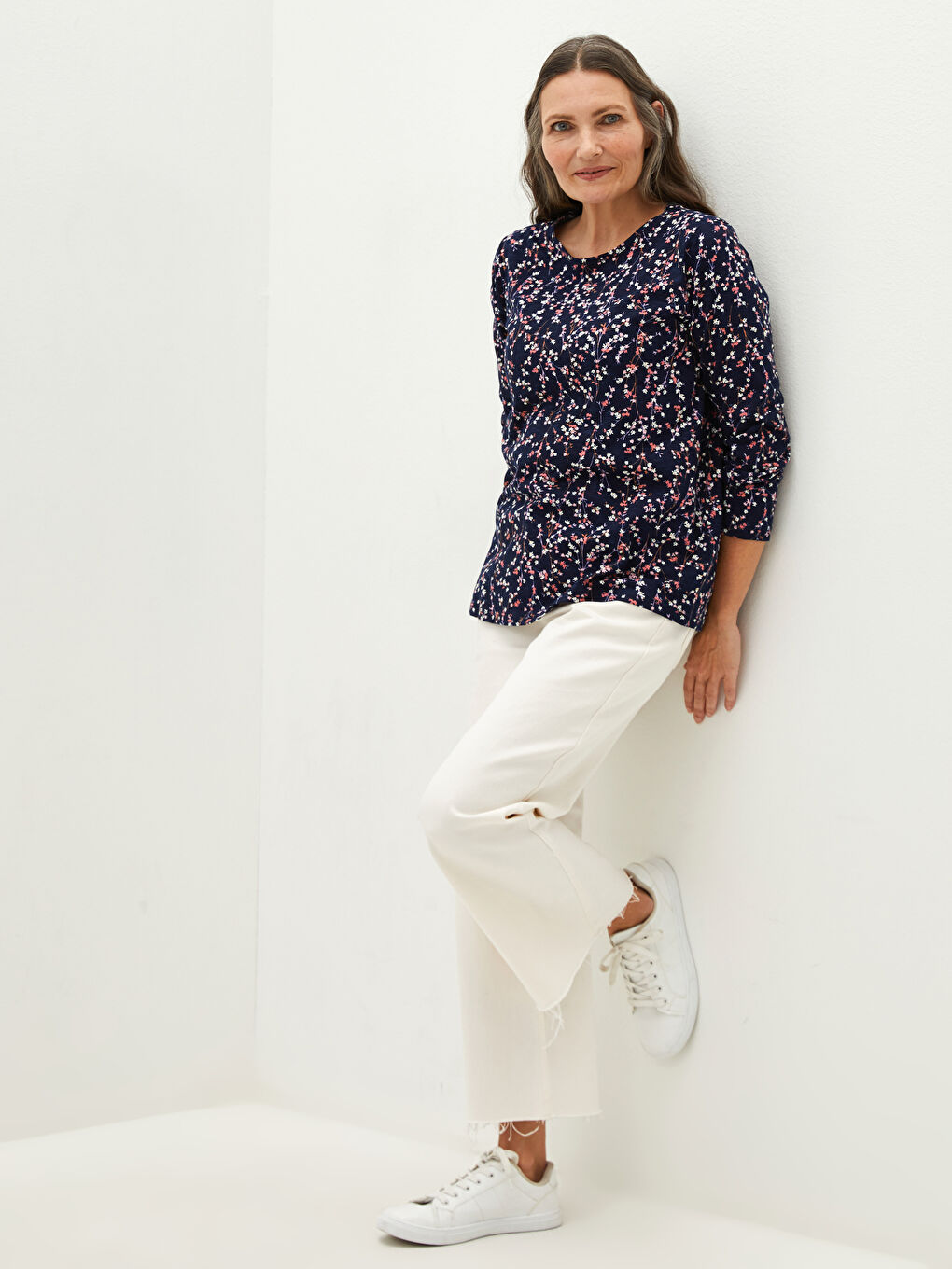 Crew Neck Floral Print Long Sleeve Women's T-Shirt -S1CP11Z8-F9C