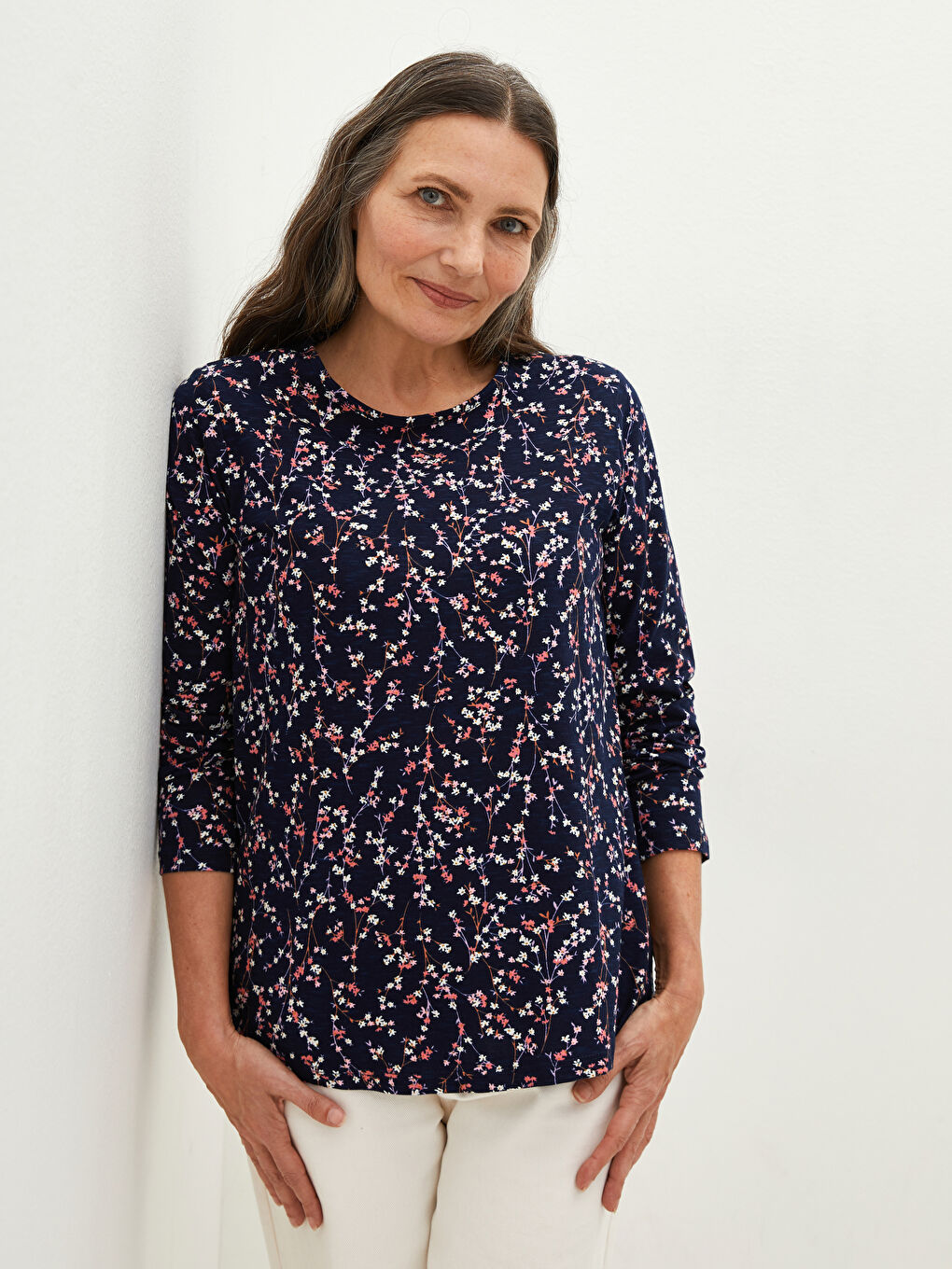 Crew Neck Floral Print Long Sleeve Women's T-Shirt -S1CP11Z8-F9C