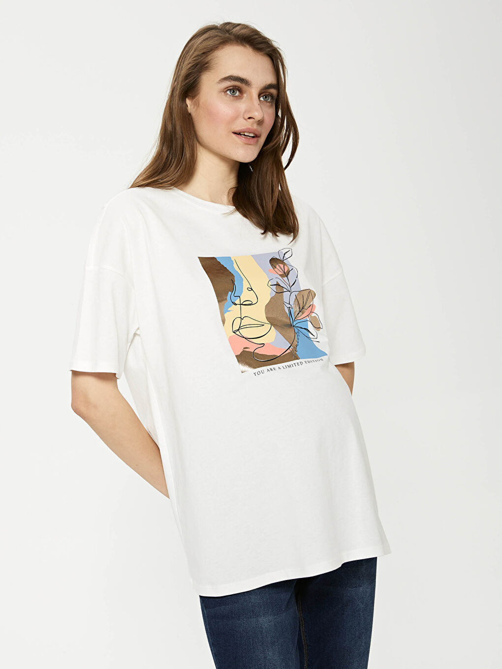 Crew Neck Printed Short Sleeve Cotton Maternity T-shirt-1