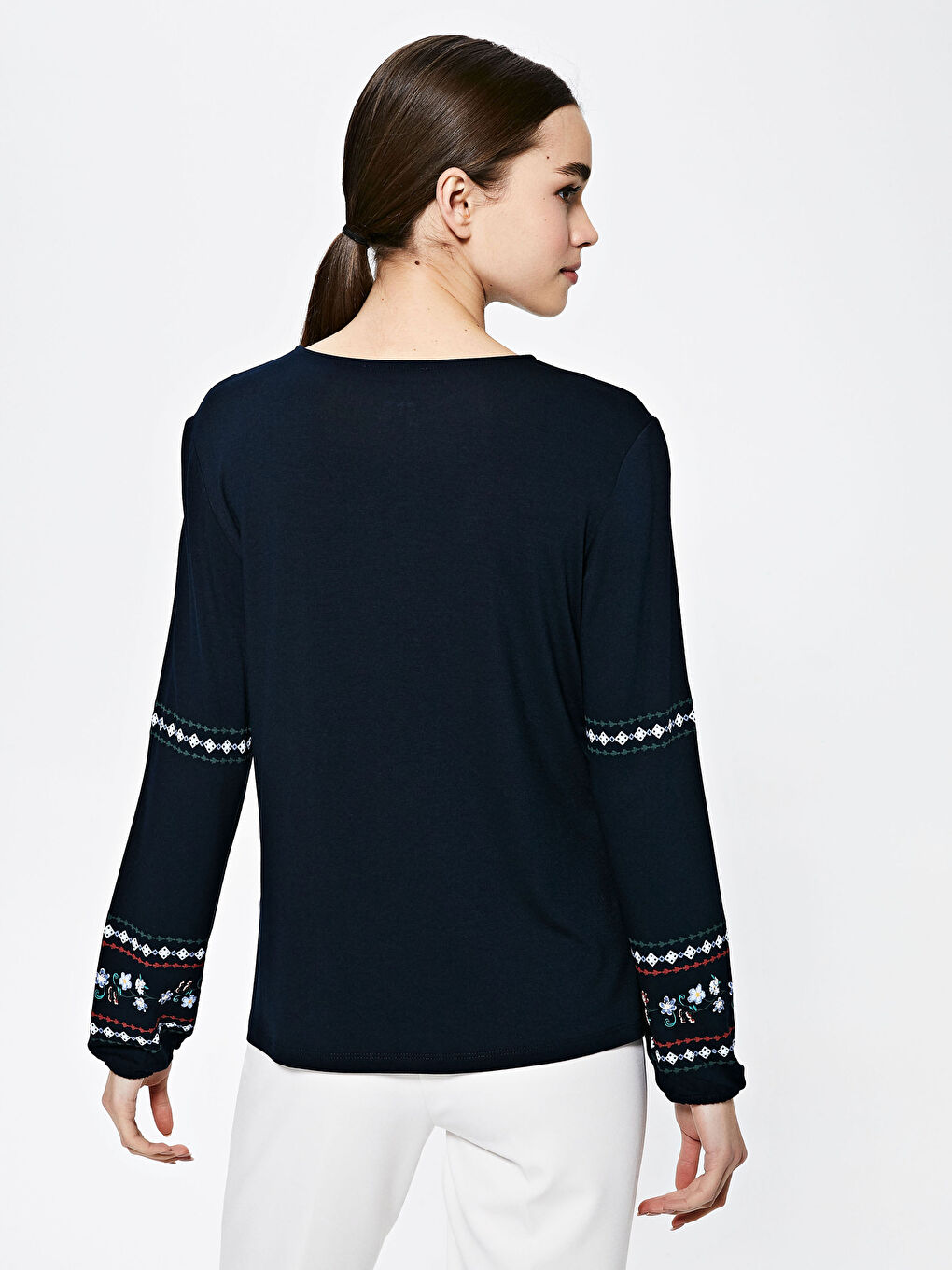 Lacivert Bisiklet Yaka Desenli Uzun Kollu Kadın Bluz-3