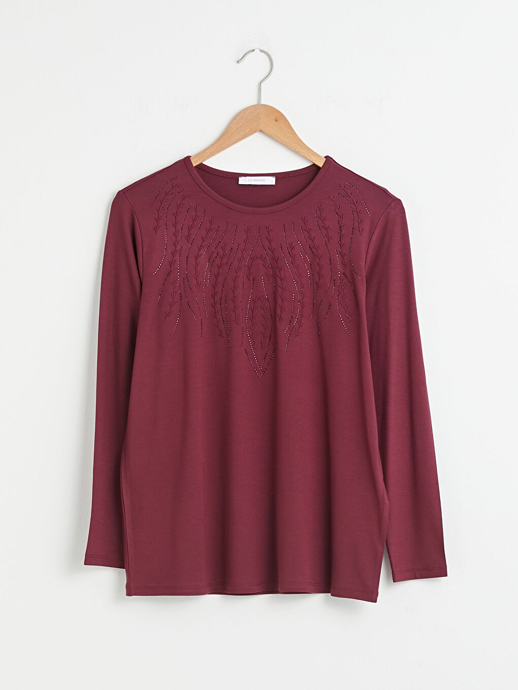 Crew Neck Embroidery Detailed Long Sleeve Viscose Women's Blouse-5
