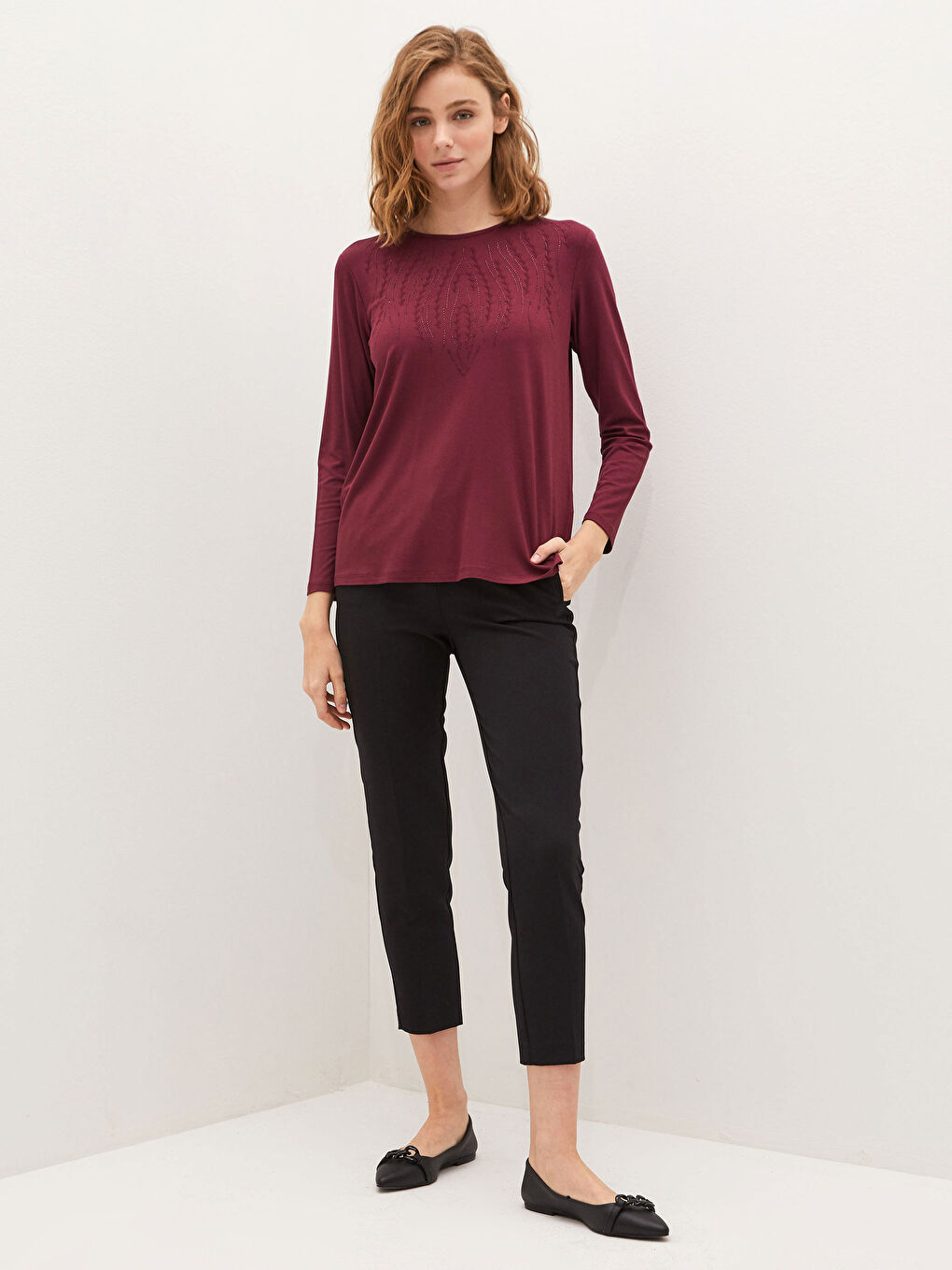 Crew Neck Embroidery Detailed Long Sleeve Viscose Women's Blouse-2