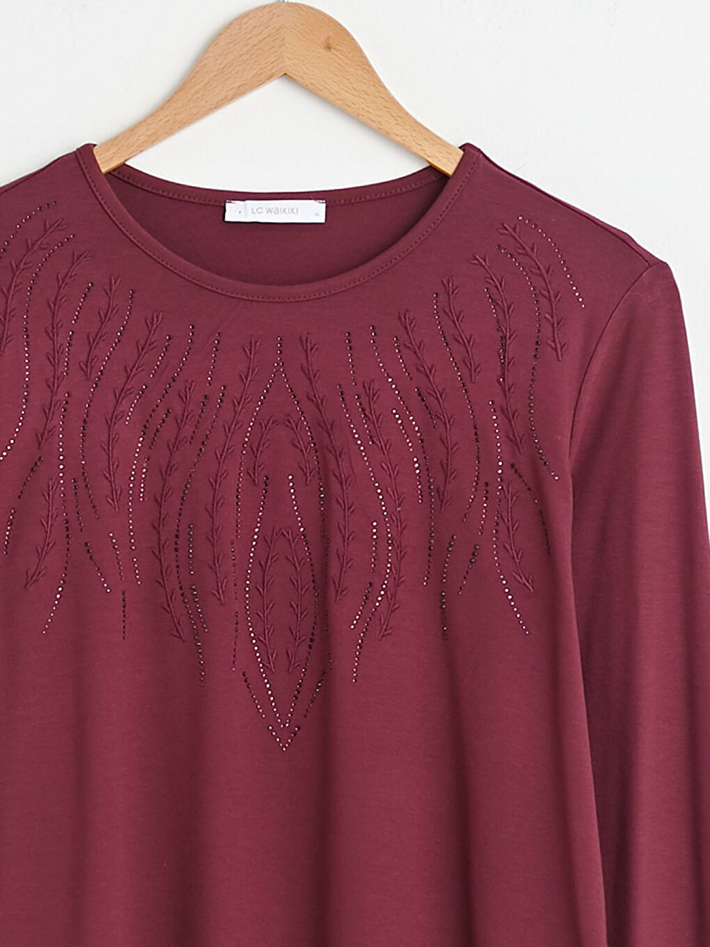 Crew Neck Embroidery Detailed Long Sleeve Viscose Women's Blouse-7
