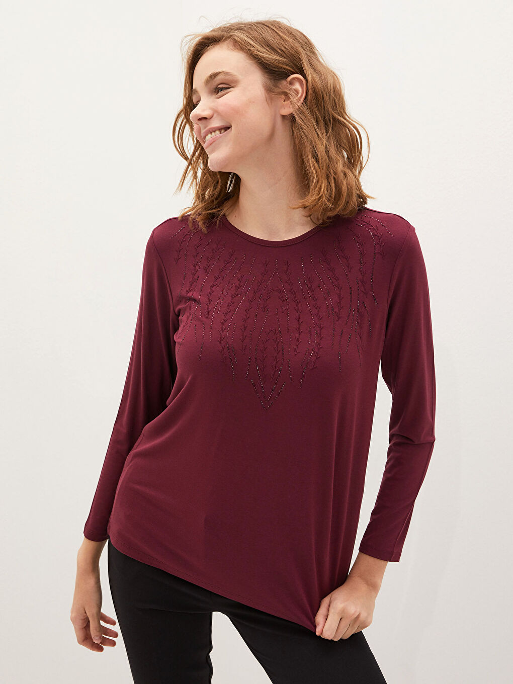 Crew Neck Embroidery Detailed Long Sleeve Viscose Women's Blouse-4