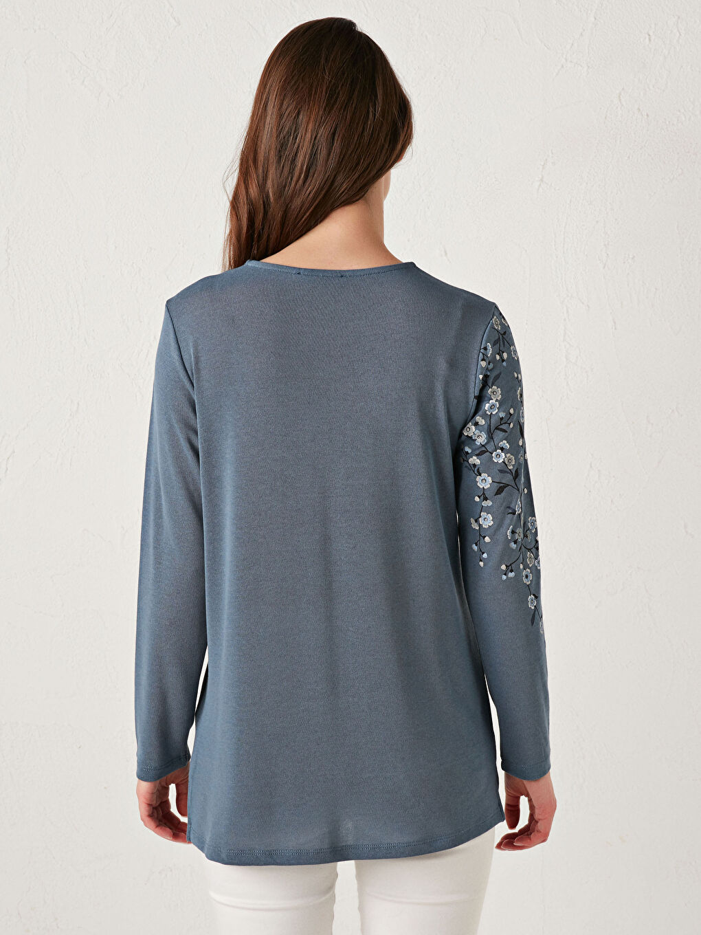 İndigo Bisiklet Yaka Çiçek Baskılı Uzun Kollu Tişört-4