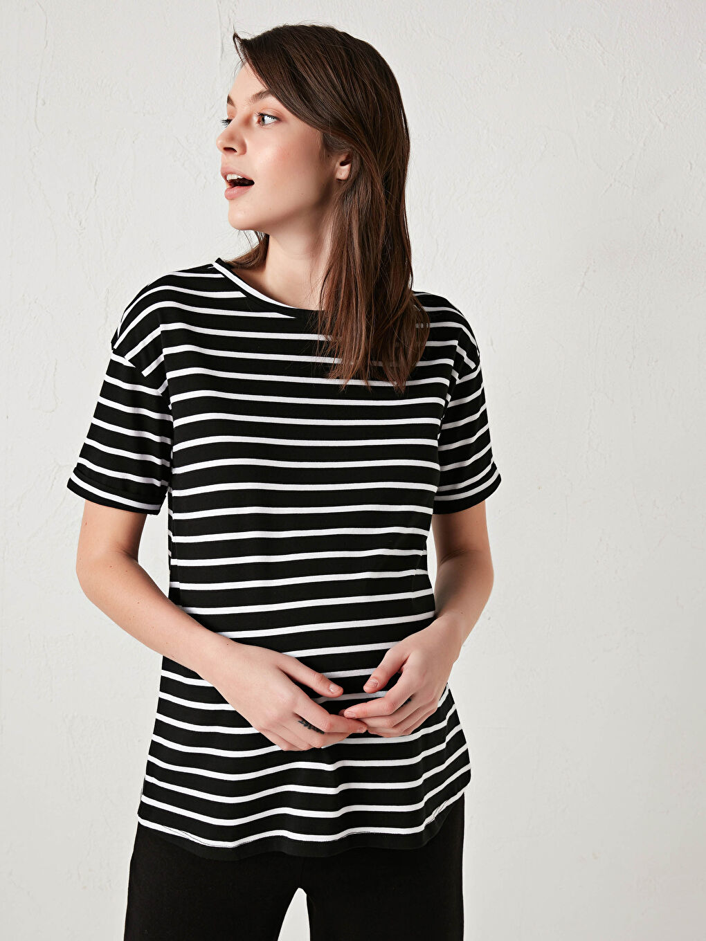 Crew Neck Striped Short Sleeve Cotton Maternity T-Shirt-1