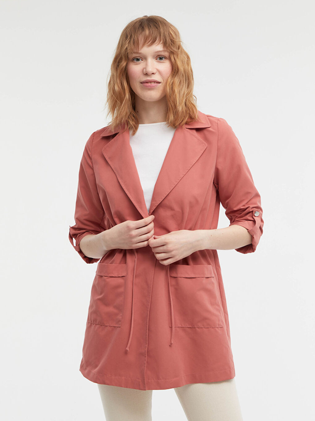 Pembe Beli Bağlama Detaylı Trençkot-3