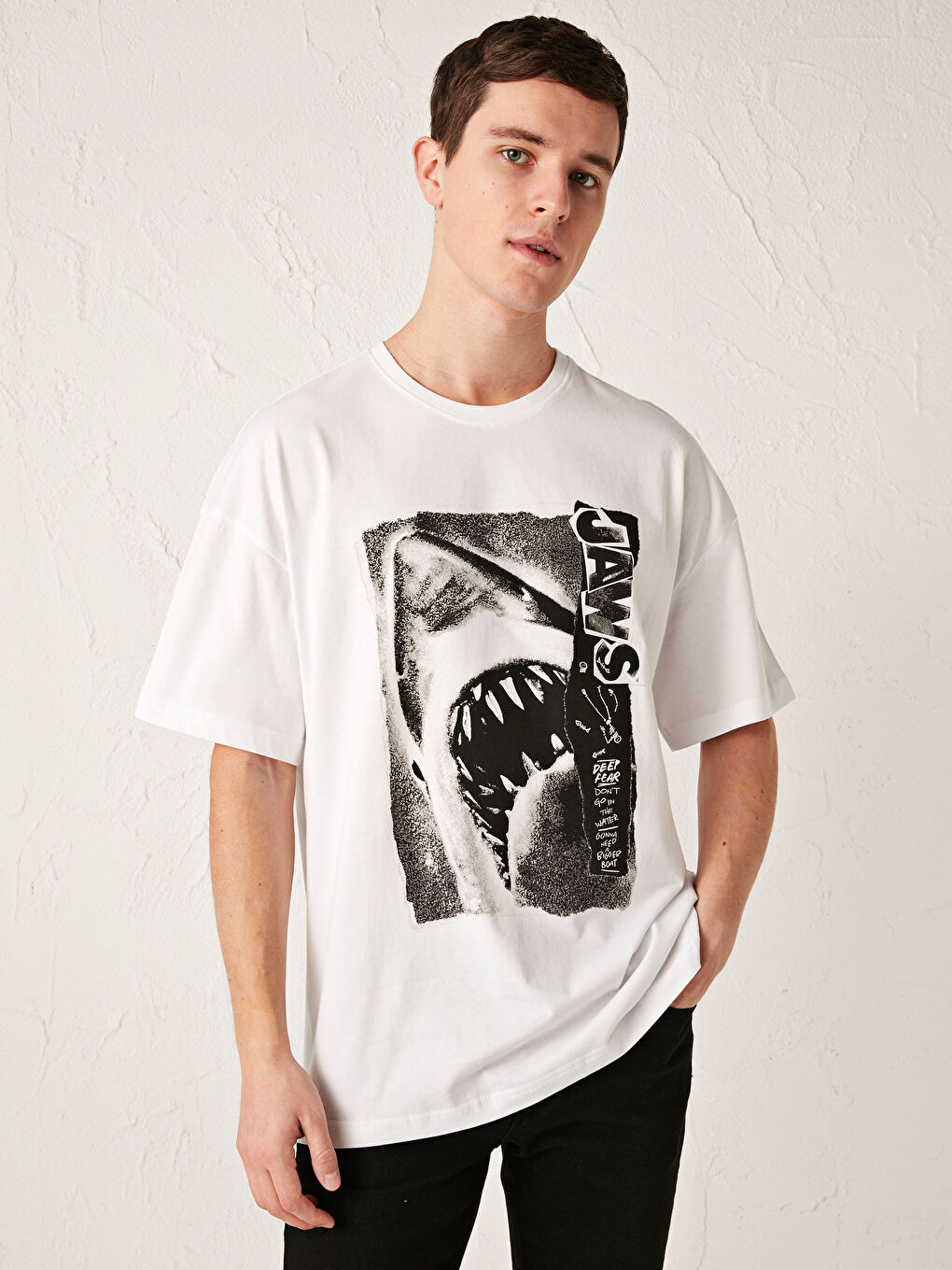 T-shirt en coton peigné imprimé Mâchoires à col rond oversize