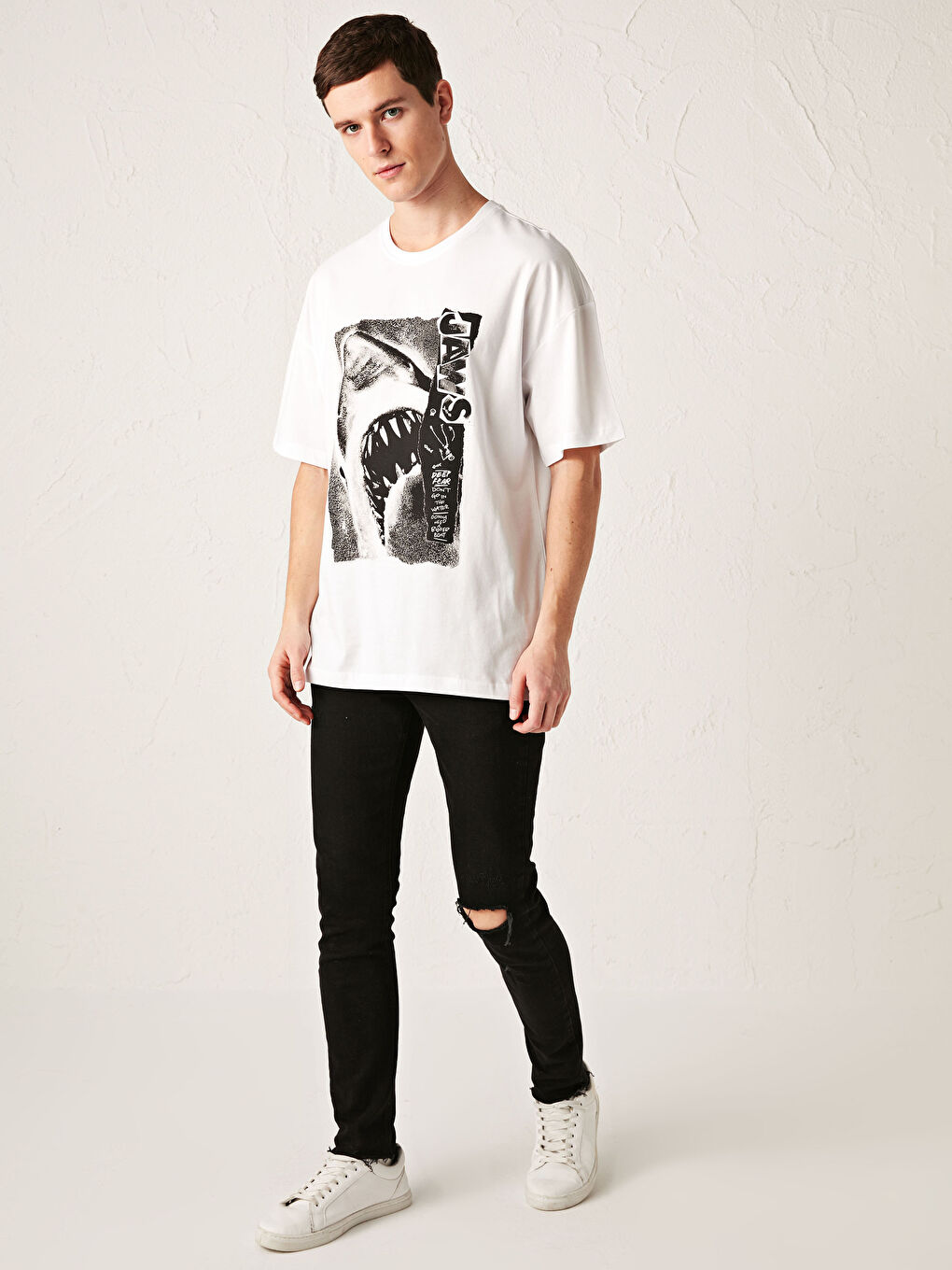 T-shirt en coton peigné imprimé Mâchoires à col rond oversize-2