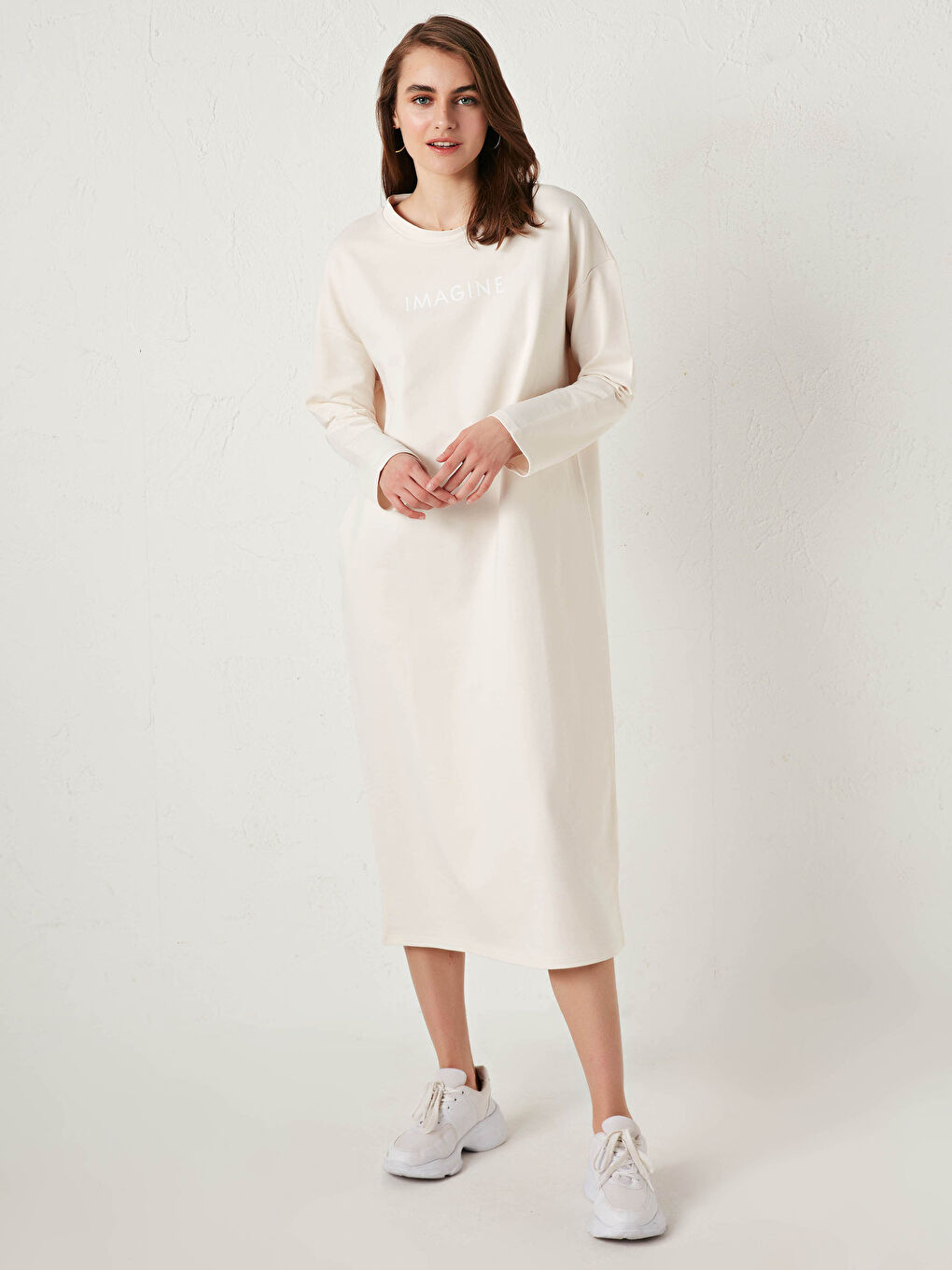 Bej Bisiklet Yaka Baskılı Uzun Kollu Kadın Elbise-1