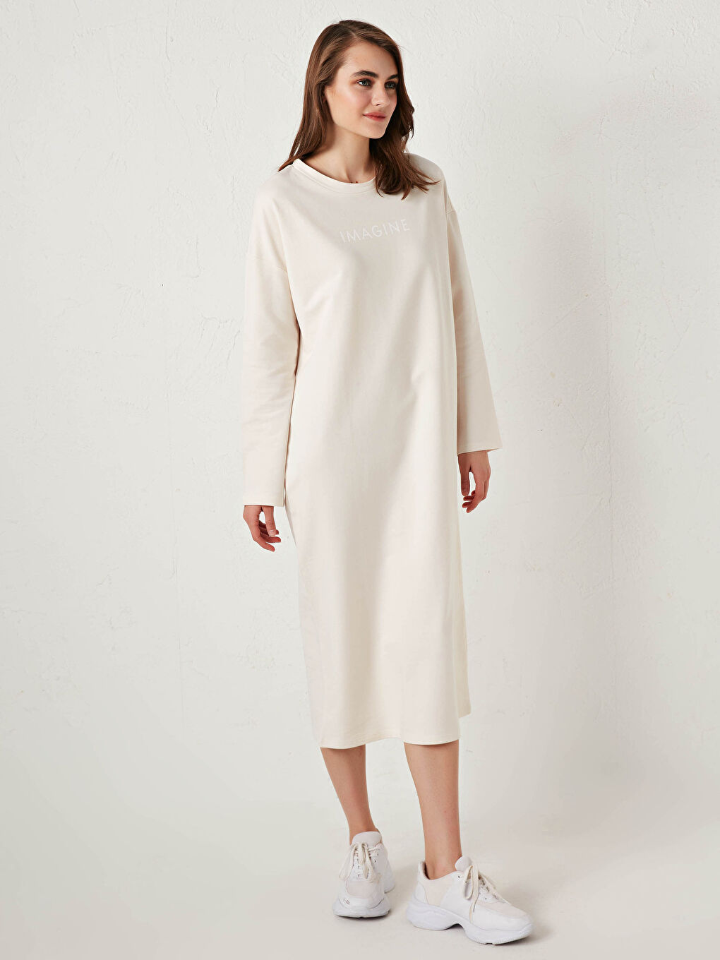 Bej Bisiklet Yaka Baskılı Uzun Kollu Kadın Elbise-2