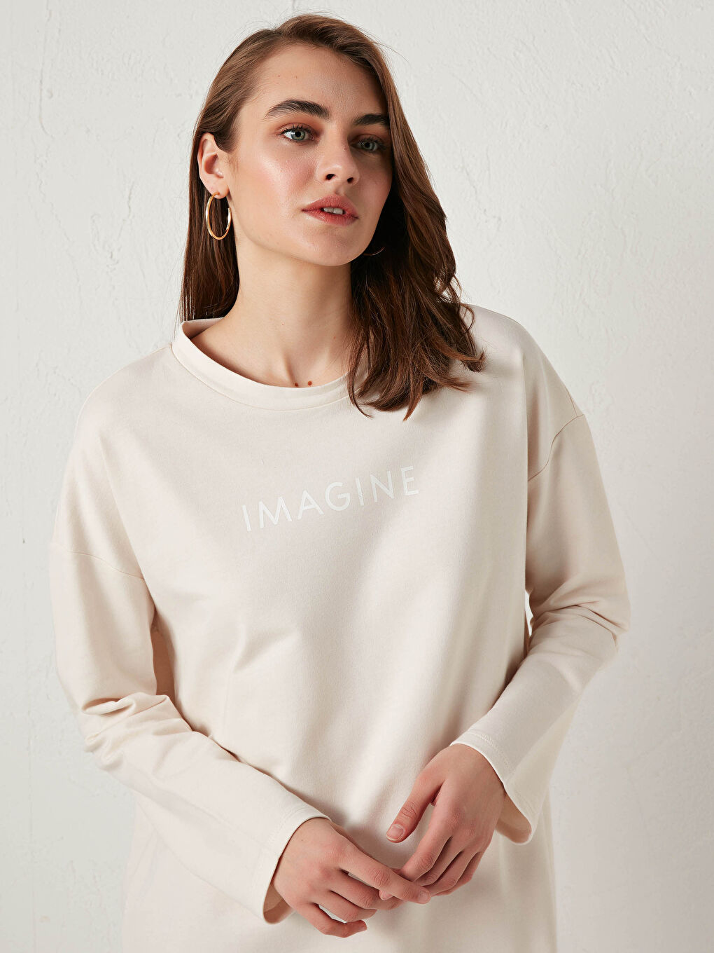 Bej Bisiklet Yaka Baskılı Uzun Kollu Kadın Elbise-3