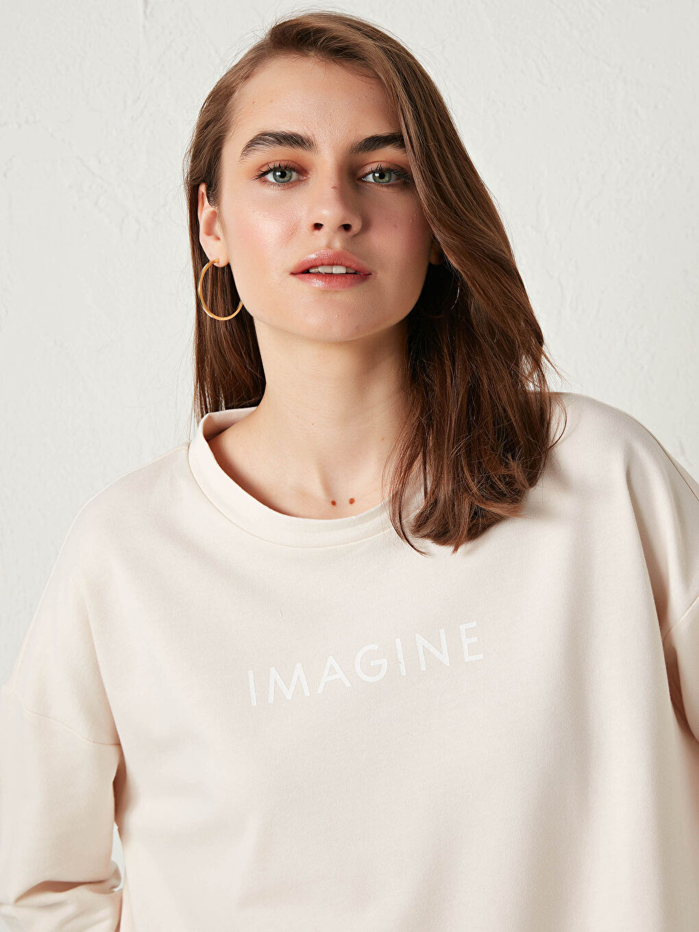 Bej Bisiklet Yaka Baskılı Uzun Kollu Kadın Elbise-4