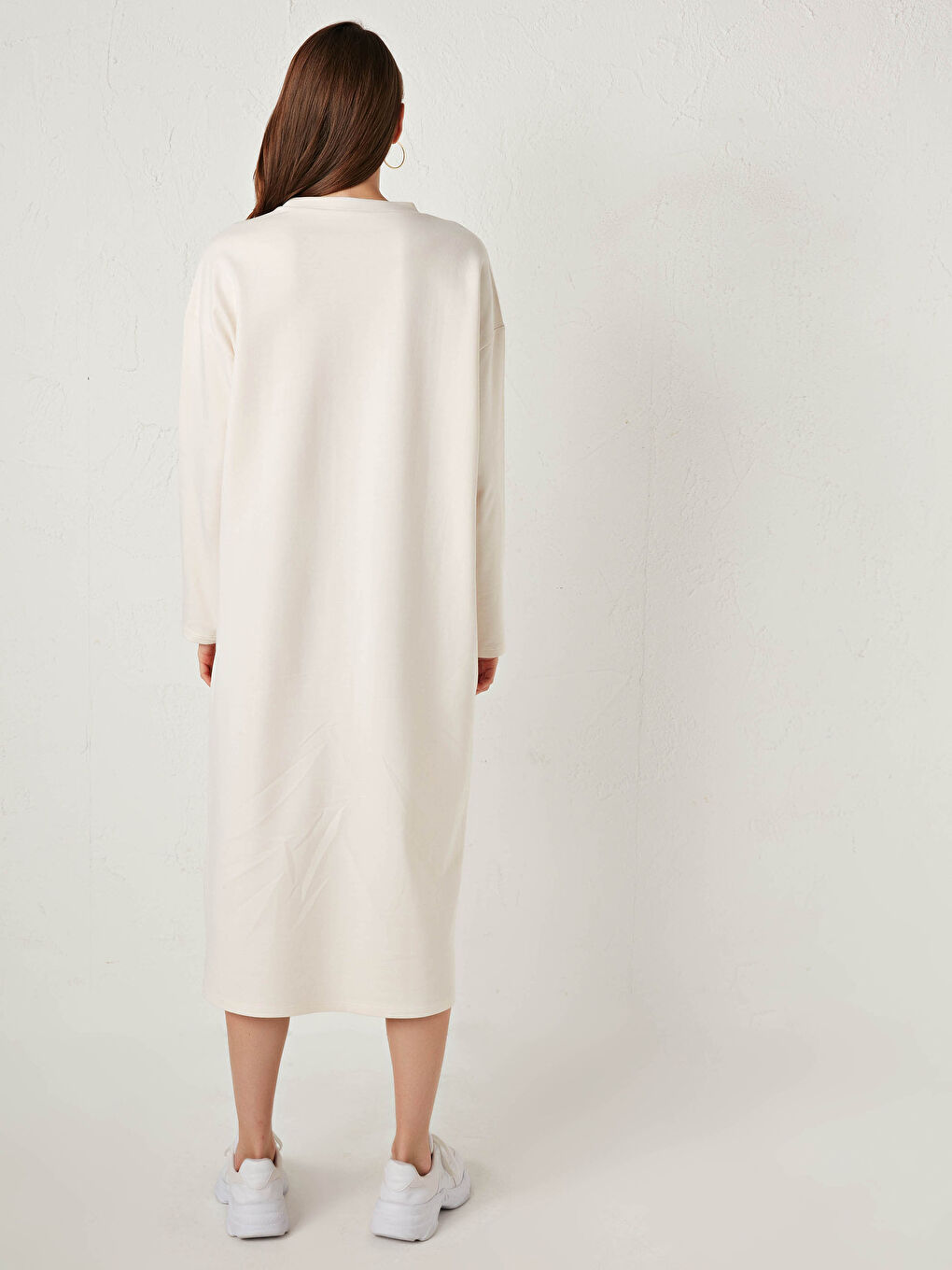 Bej Bisiklet Yaka Baskılı Uzun Kollu Kadın Elbise-5