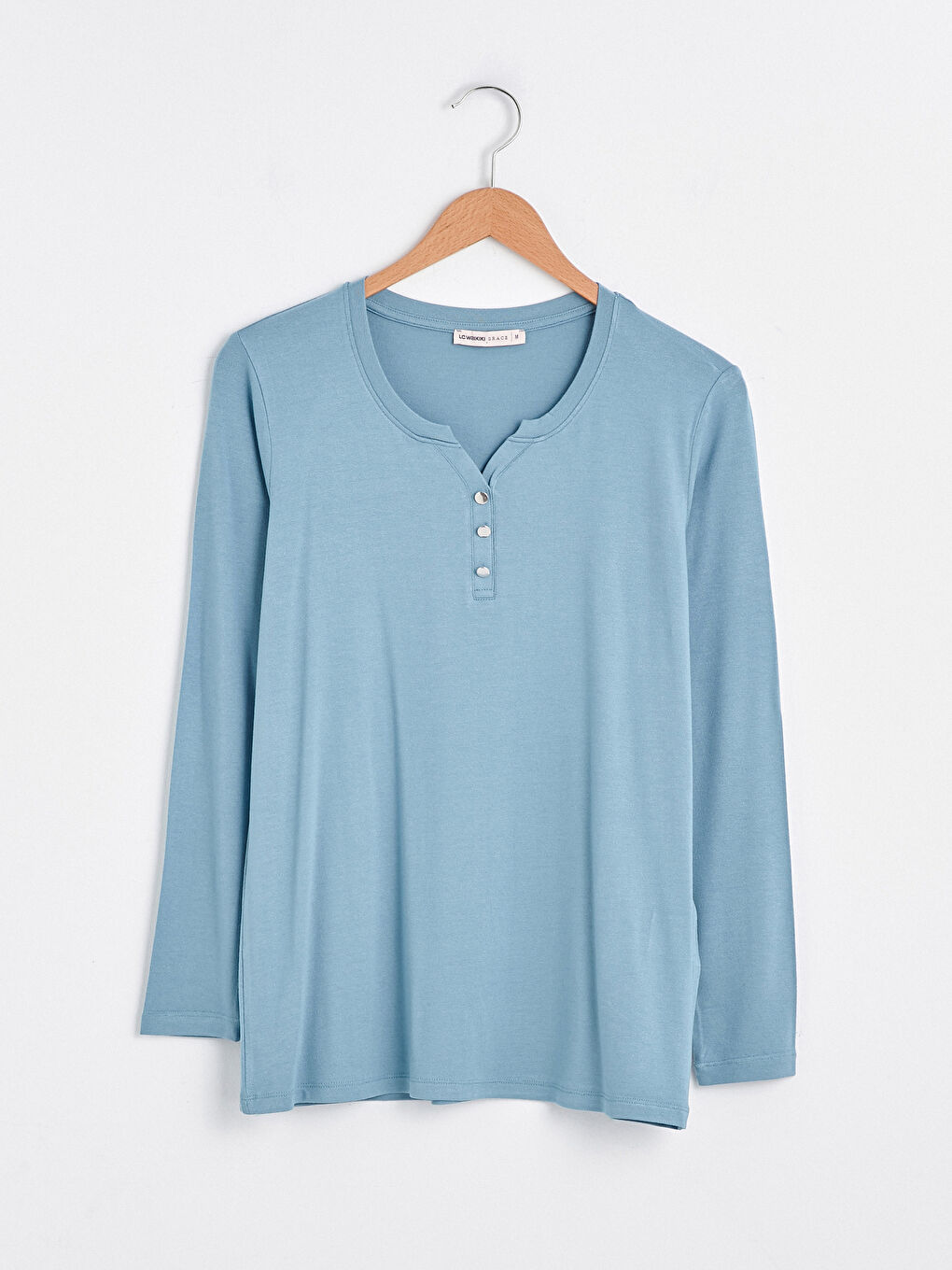 Mavi V Yaka Düz Krep Kadın Tişört-9