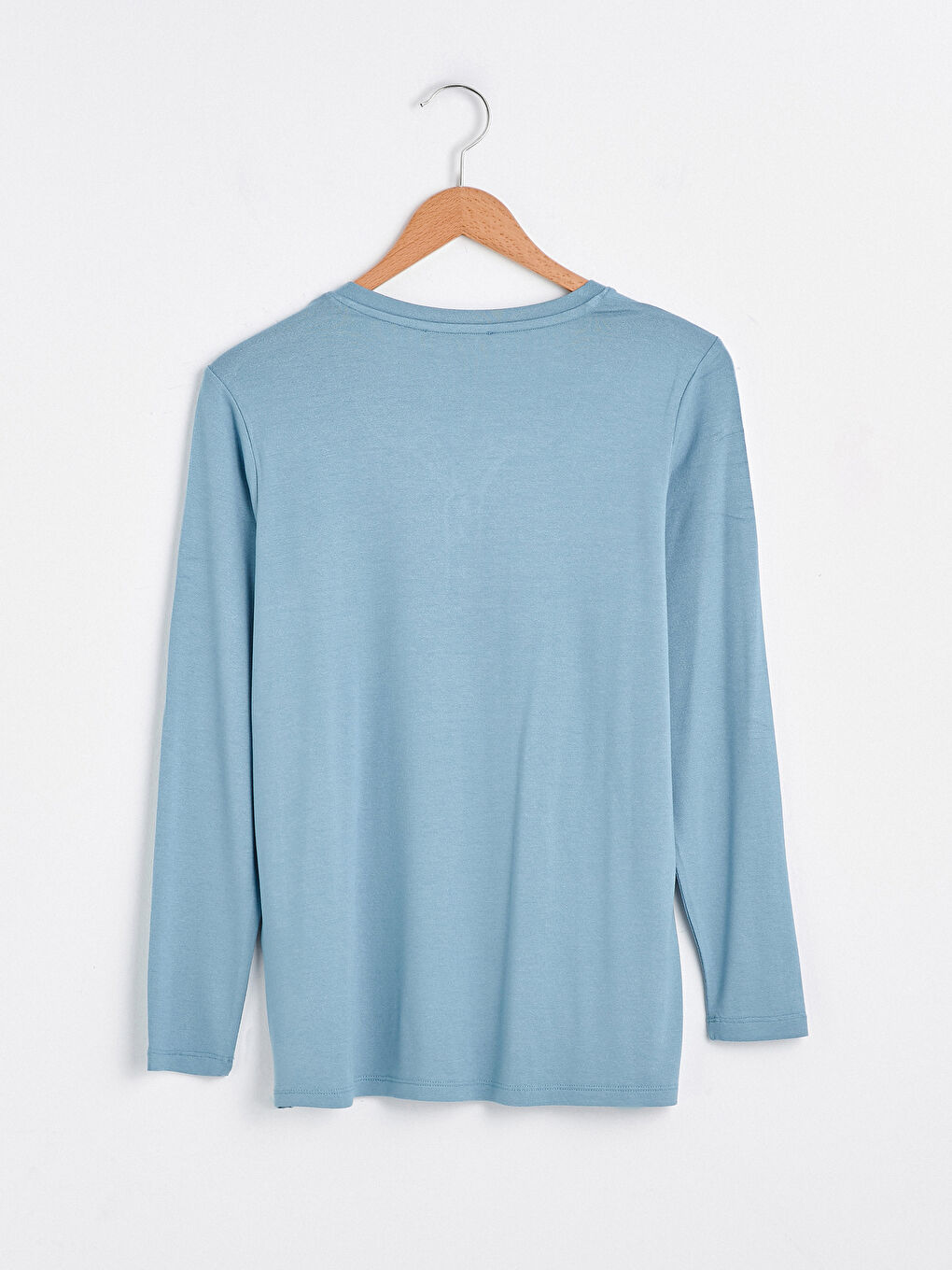 Mavi V Yaka Düz Krep Kadın Tişört-10