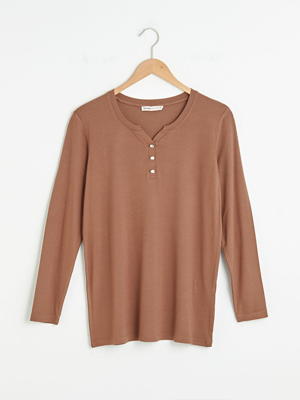 Kahverengi V Yaka Düz Krep Kadın Tişört-12