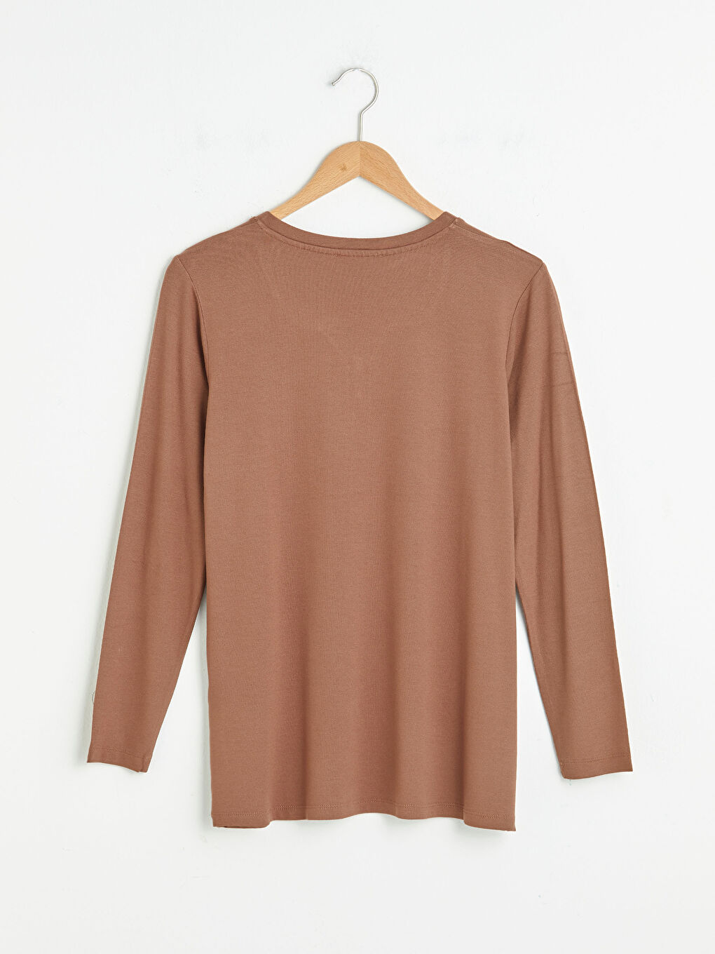 Kahverengi V Yaka Düz Krep Kadın Tişört-14