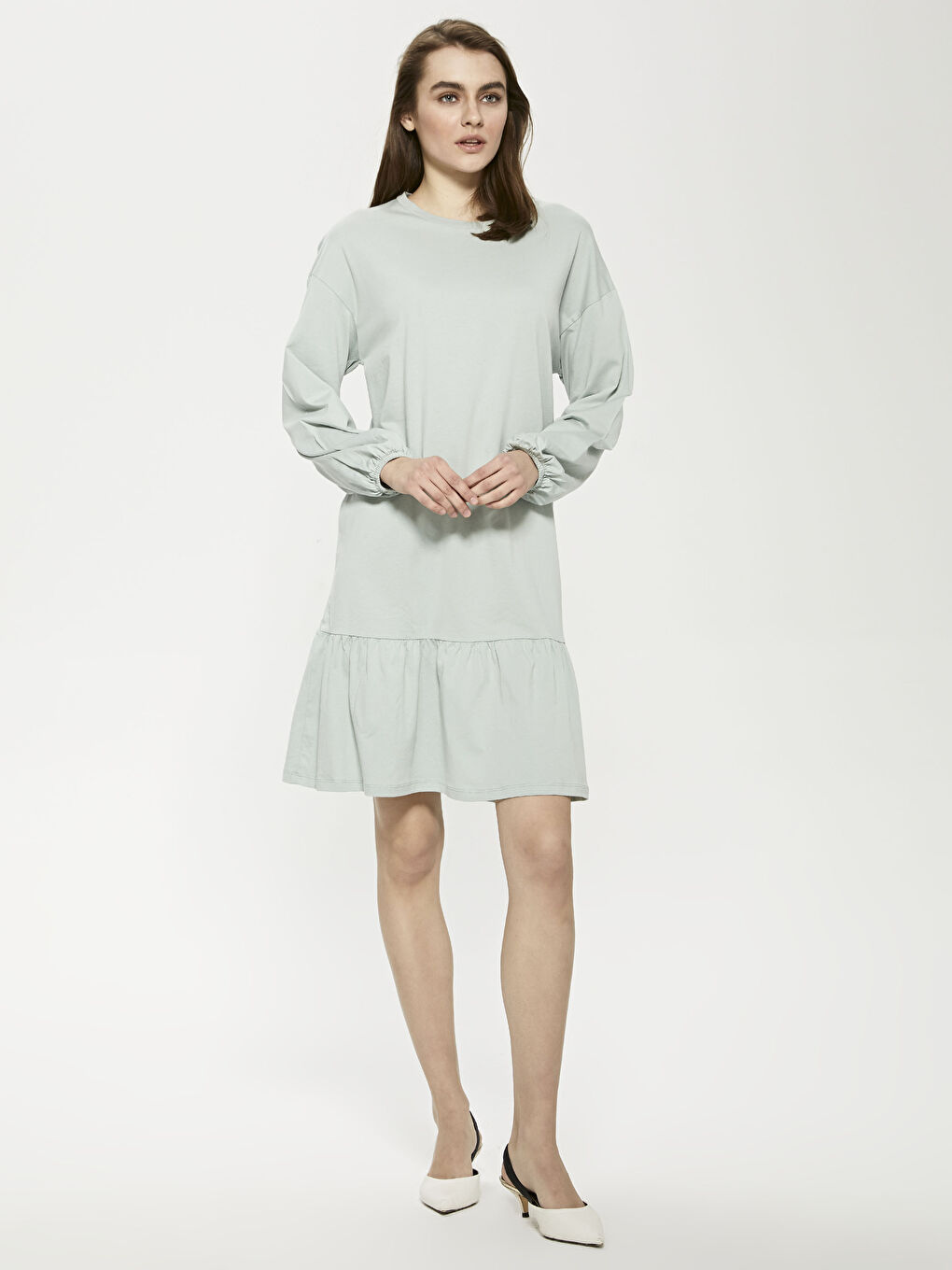 Yeşil Bisiklet Yaka Düz Uzun Kollu Elbise