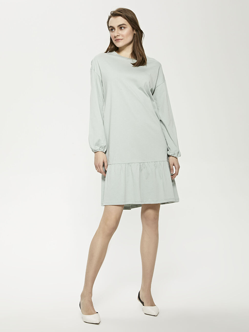 Yeşil Bisiklet Yaka Düz Uzun Kollu Elbise-1