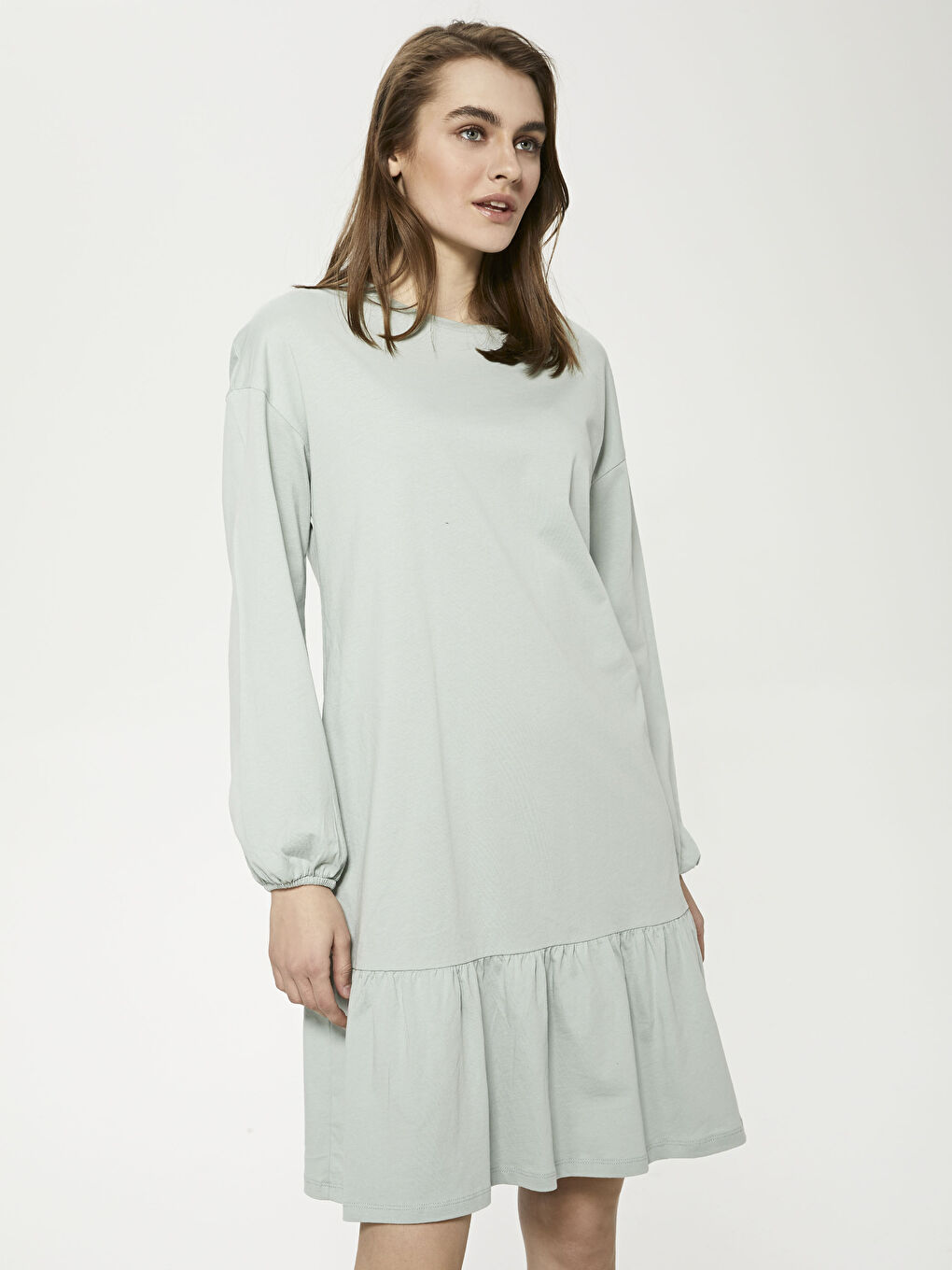 Yeşil Bisiklet Yaka Düz Uzun Kollu Elbise-2