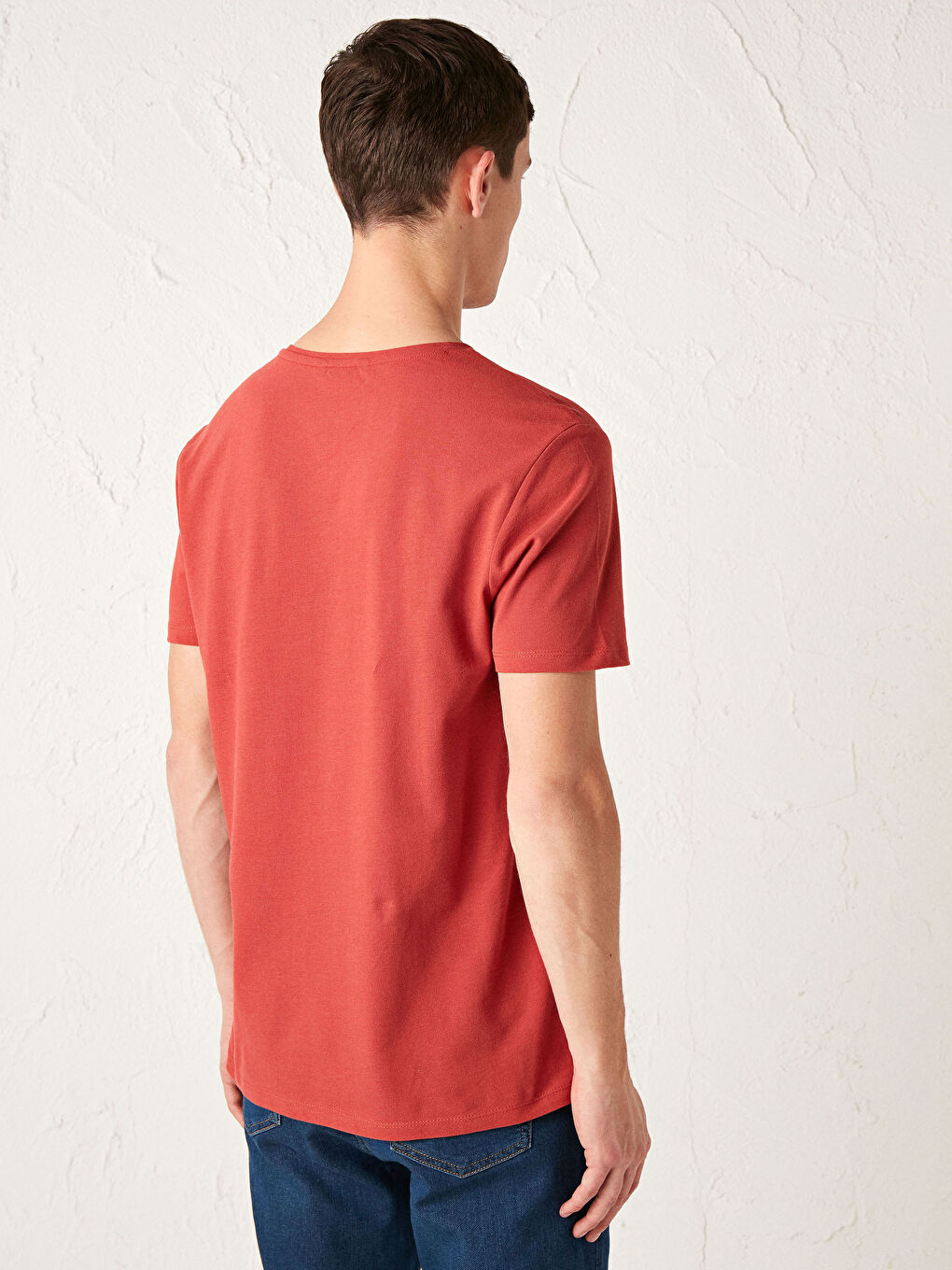 Turuncu Bisiklet Yaka Baskılı Pamuklu Tişört-1