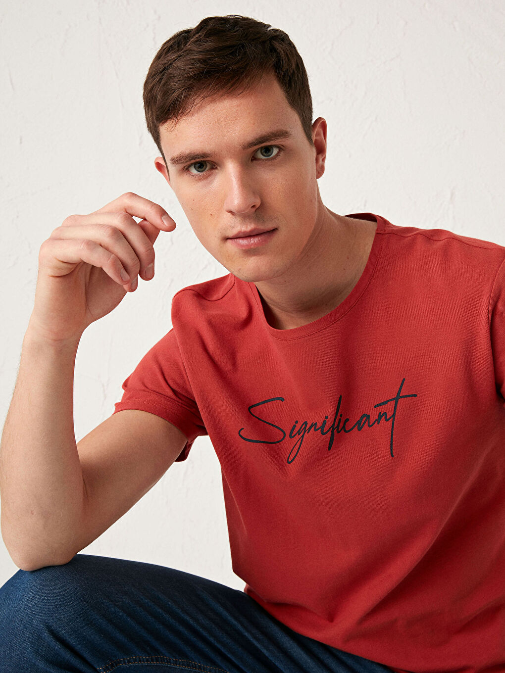 Turuncu Bisiklet Yaka Baskılı Pamuklu Tişört