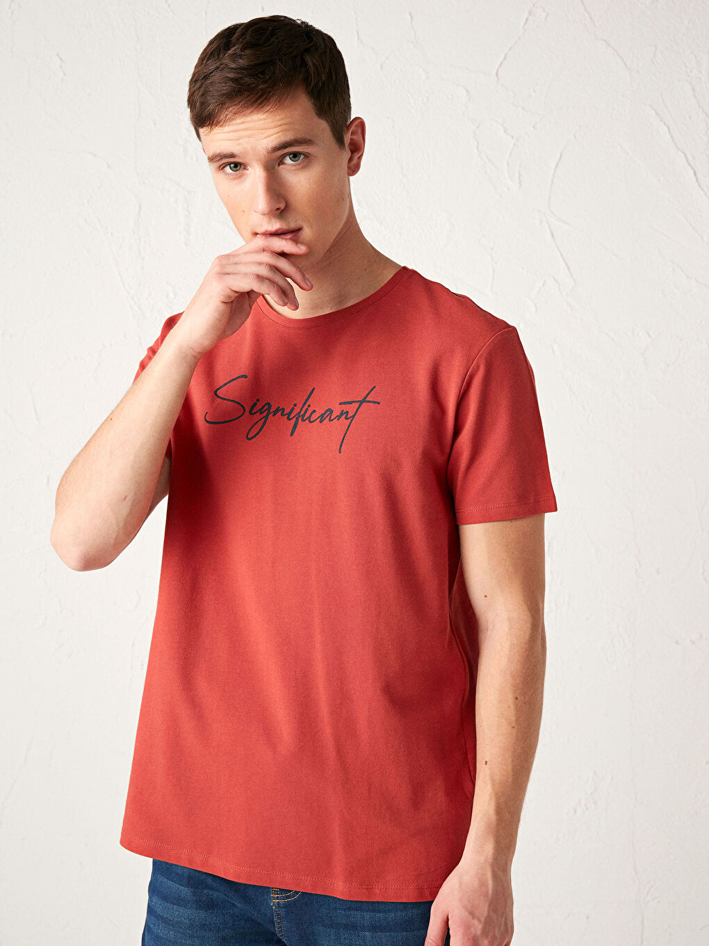 Turuncu Bisiklet Yaka Baskılı Pamuklu Tişört-2