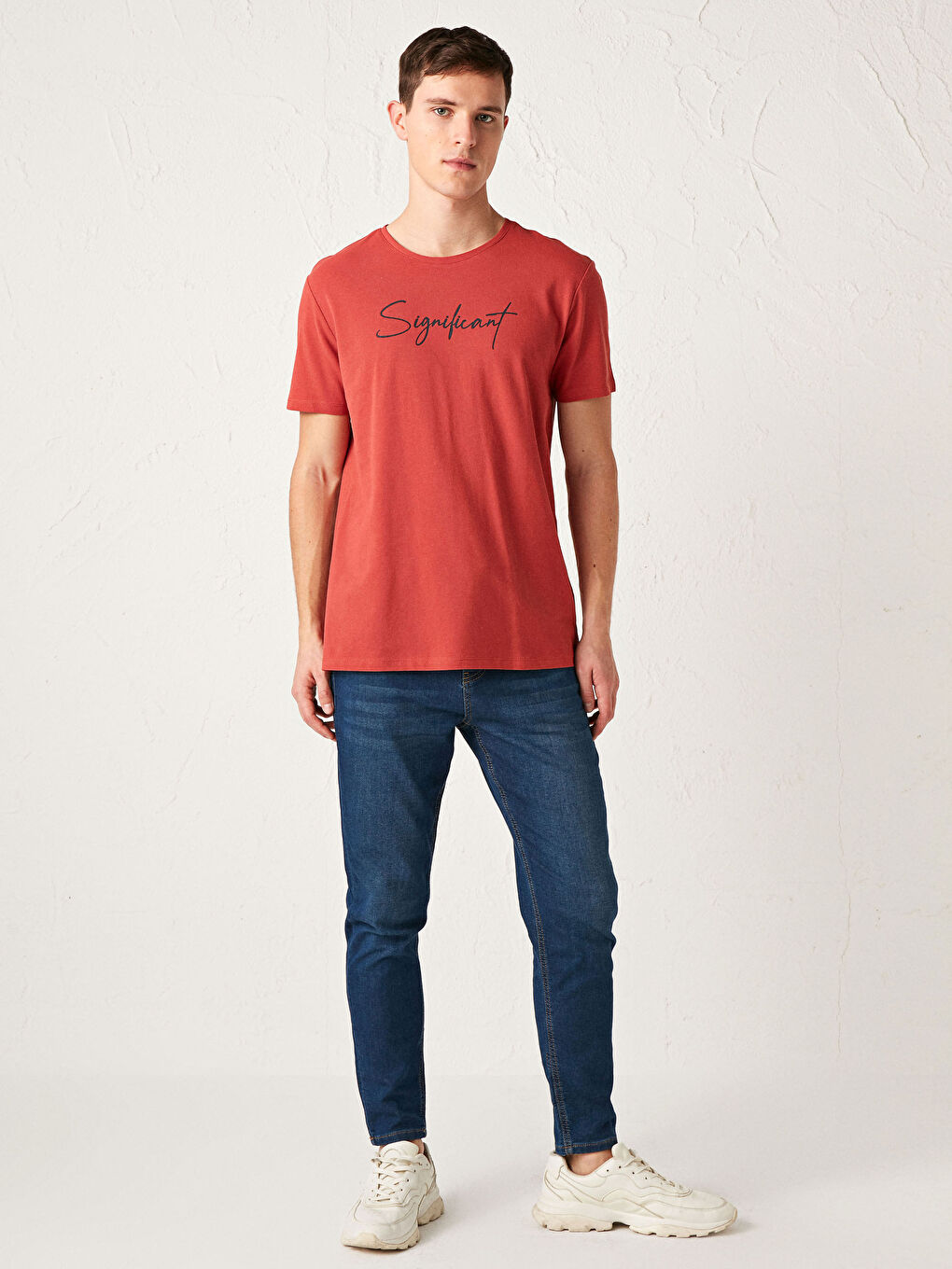 Turuncu Bisiklet Yaka Baskılı Pamuklu Tişört-3