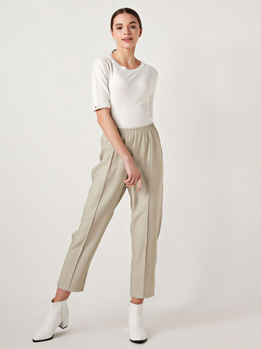 Bej Beli Lastikli Kadın Pantolon-6