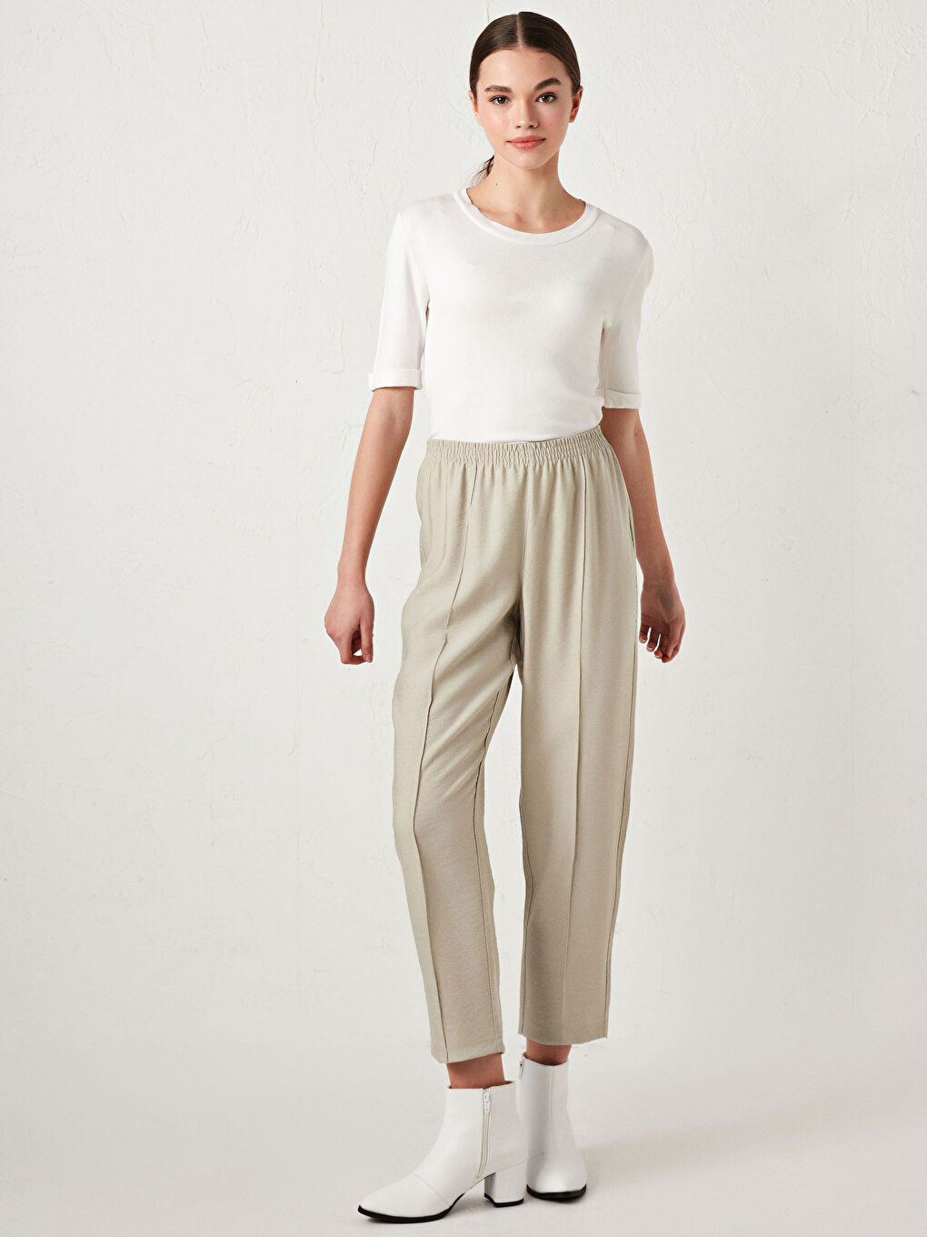 Bej Beli Lastikli Kadın Pantolon-7