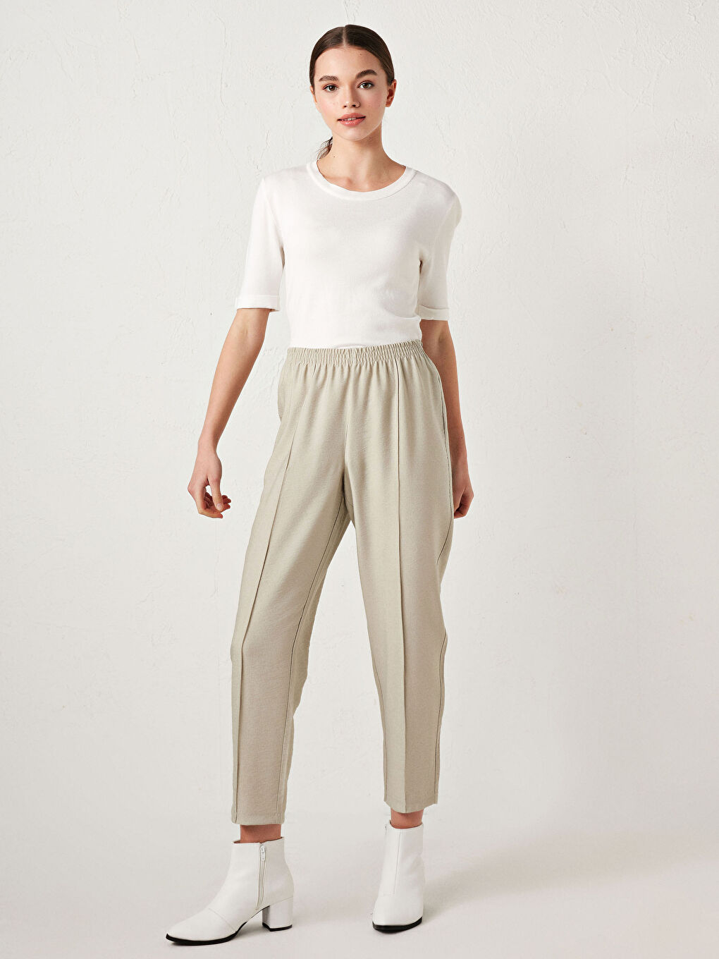 Bej Beli Lastikli Kadın Pantolon-8