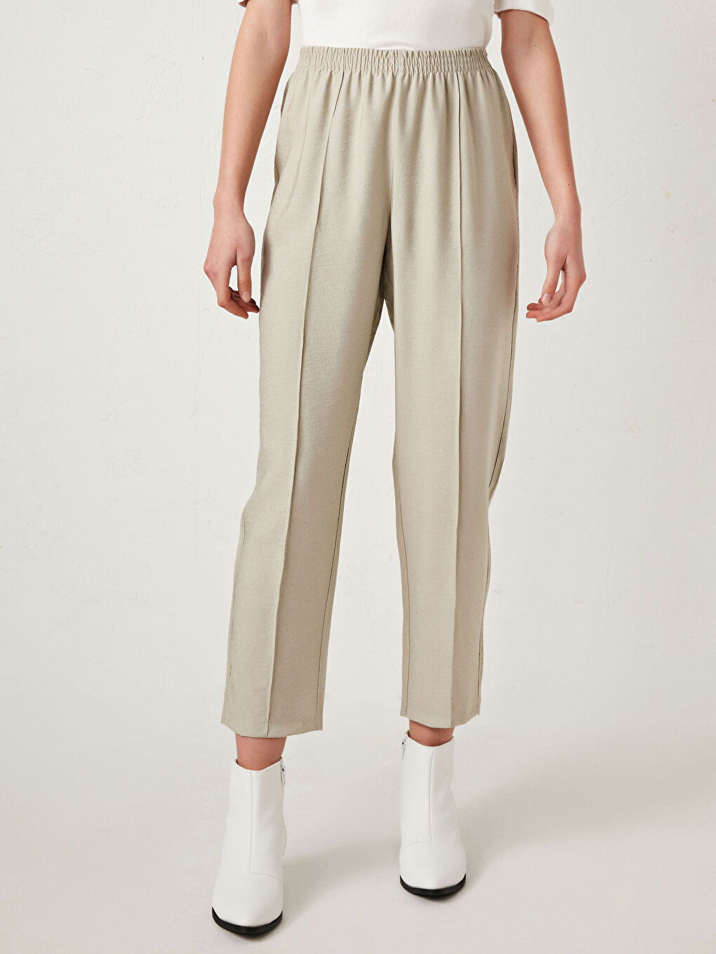 Bej Beli Lastikli Kadın Pantolon-9