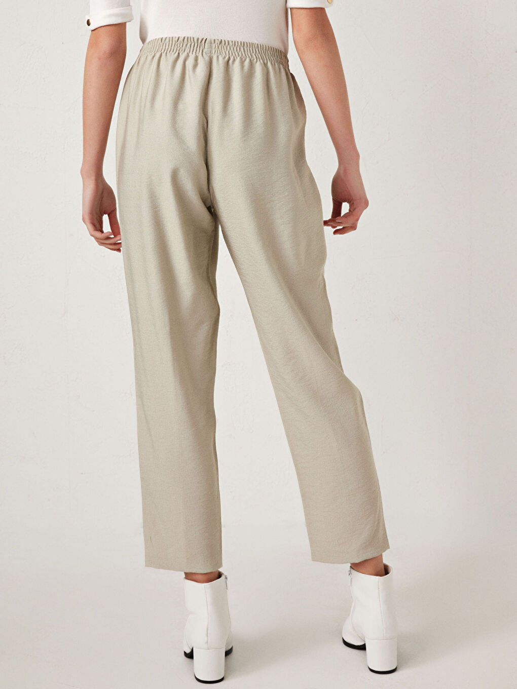 Bej Beli Lastikli Kadın Pantolon-10