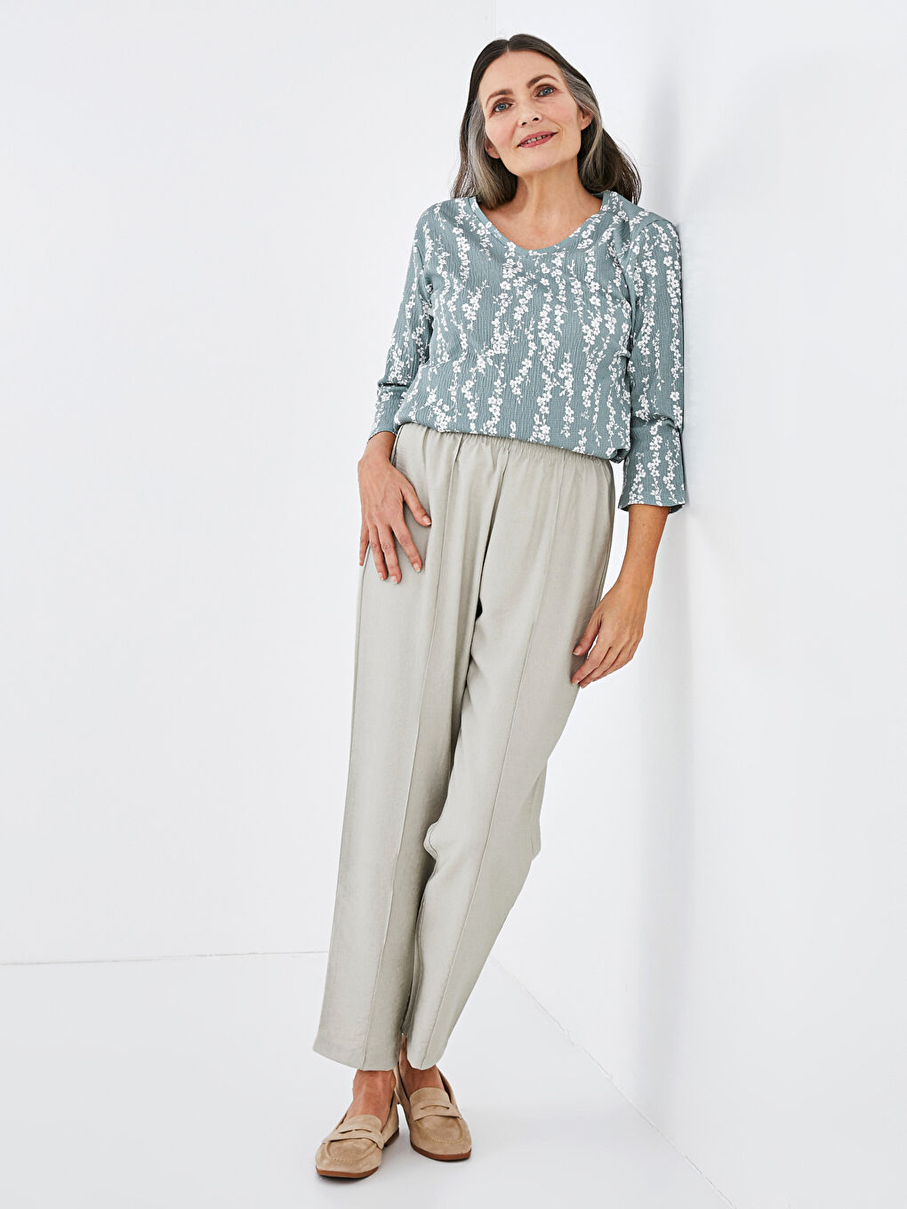 Bej Beli Lastikli Kadın Pantolon-1