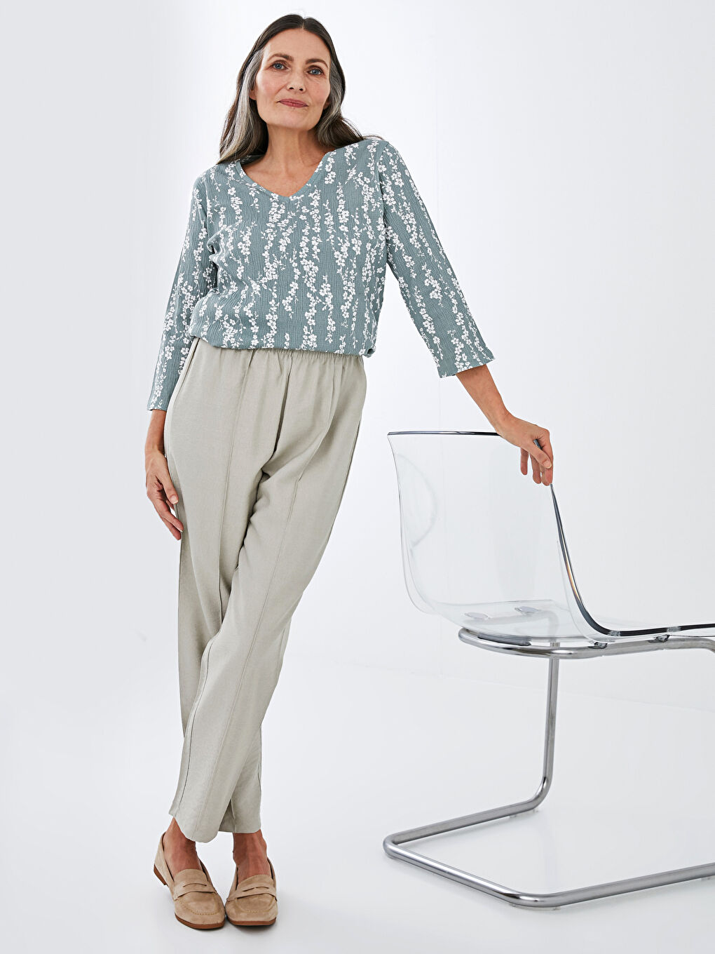 Bej Beli Lastikli Kadın Pantolon-3