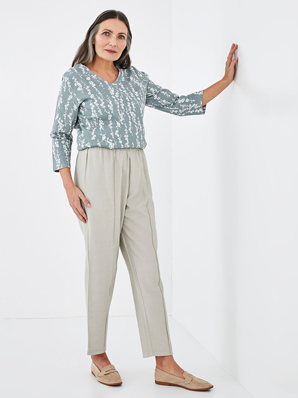 Bej Beli Lastikli Kadın Pantolon-4