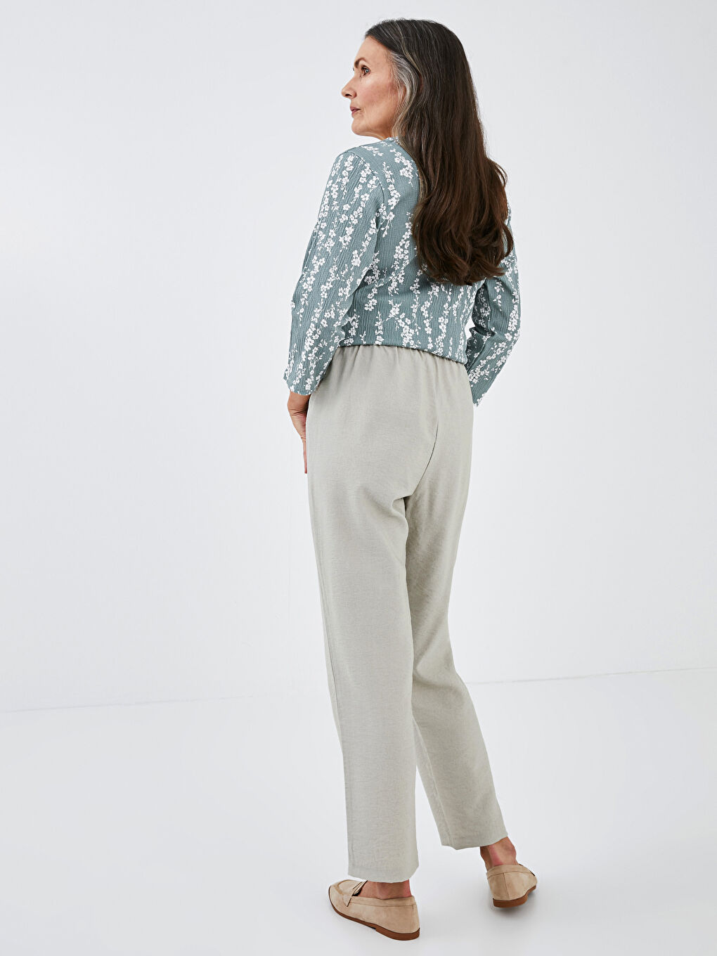 Bej Beli Lastikli Kadın Pantolon-5