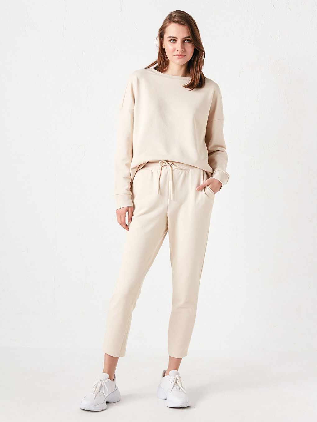 Bej Beli Lastikli Kadın Eşofman Alt-3