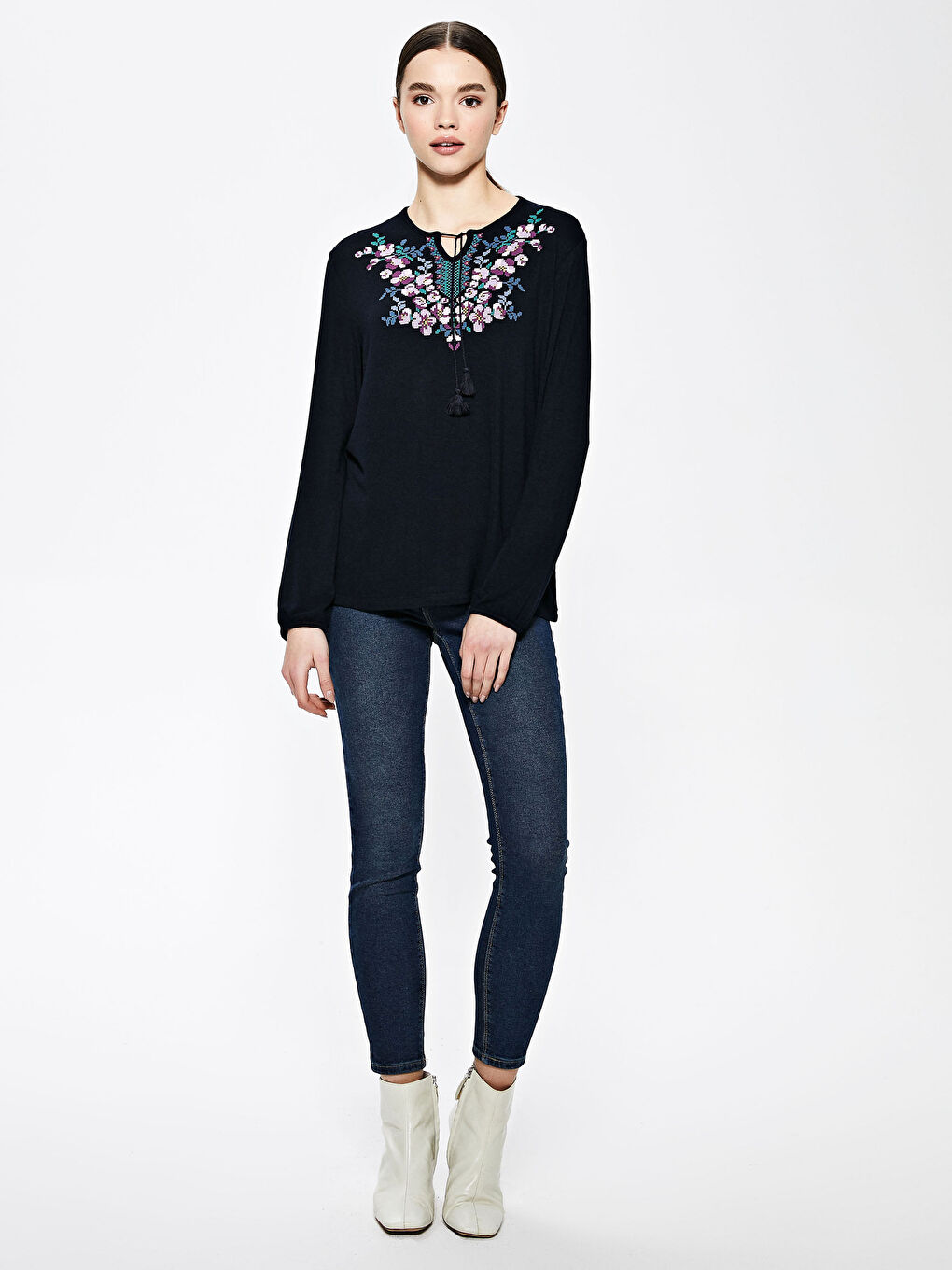 Lacivert Bisiklet Yaka Desenli Uzun Kollu Kadın Bluz-2