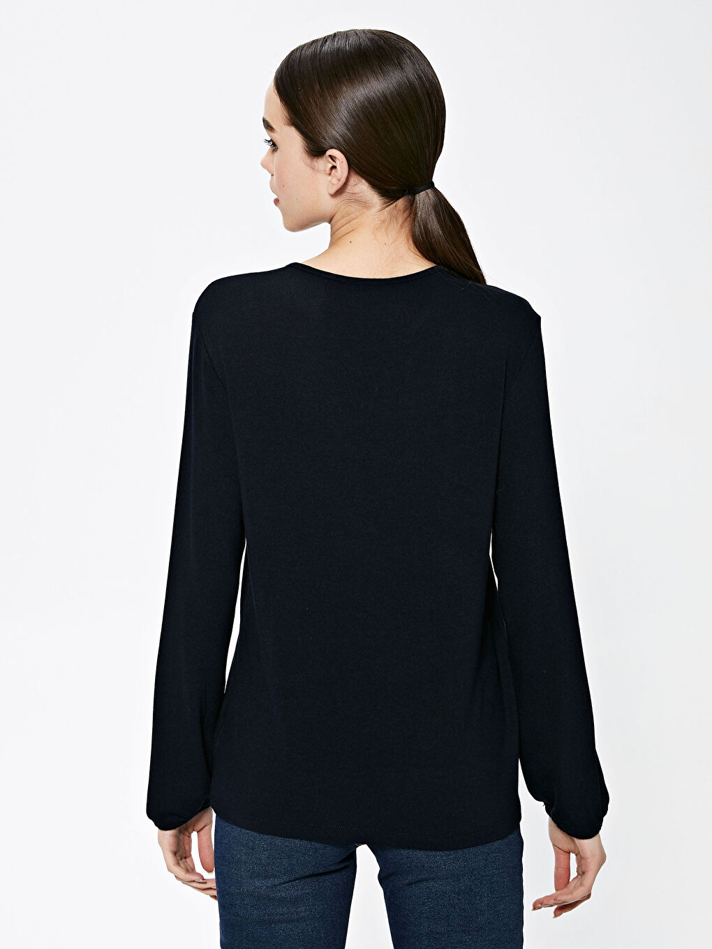 Lacivert Bisiklet Yaka Desenli Uzun Kollu Kadın Bluz-3